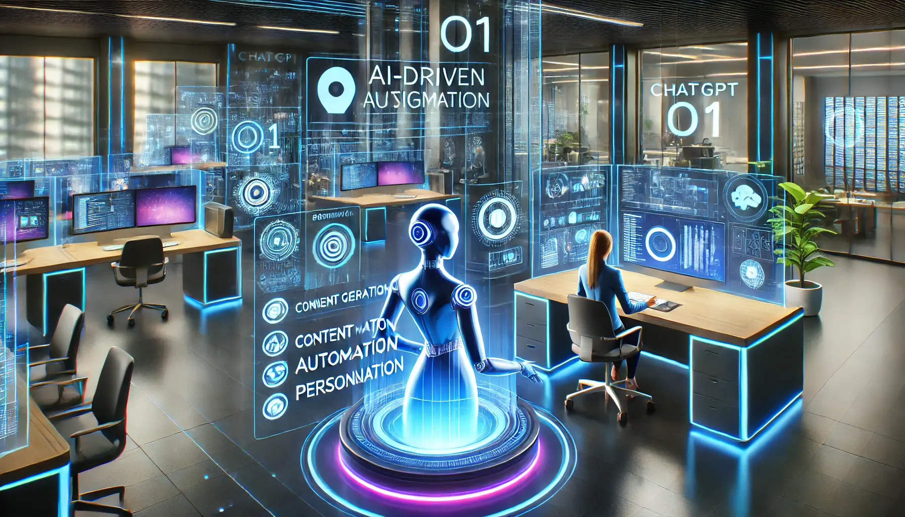 A futuristic AI-powered workspace with a digital assistant helping a user through holographic screens displaying automation, personalization, and productivity insights.