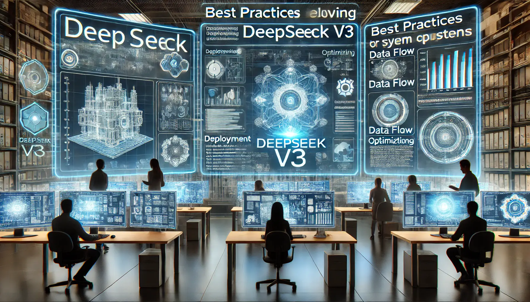 A futuristic IT environment with professionals deploying DeepSeek v3, showing monitors with holographic interfaces and data flow management.