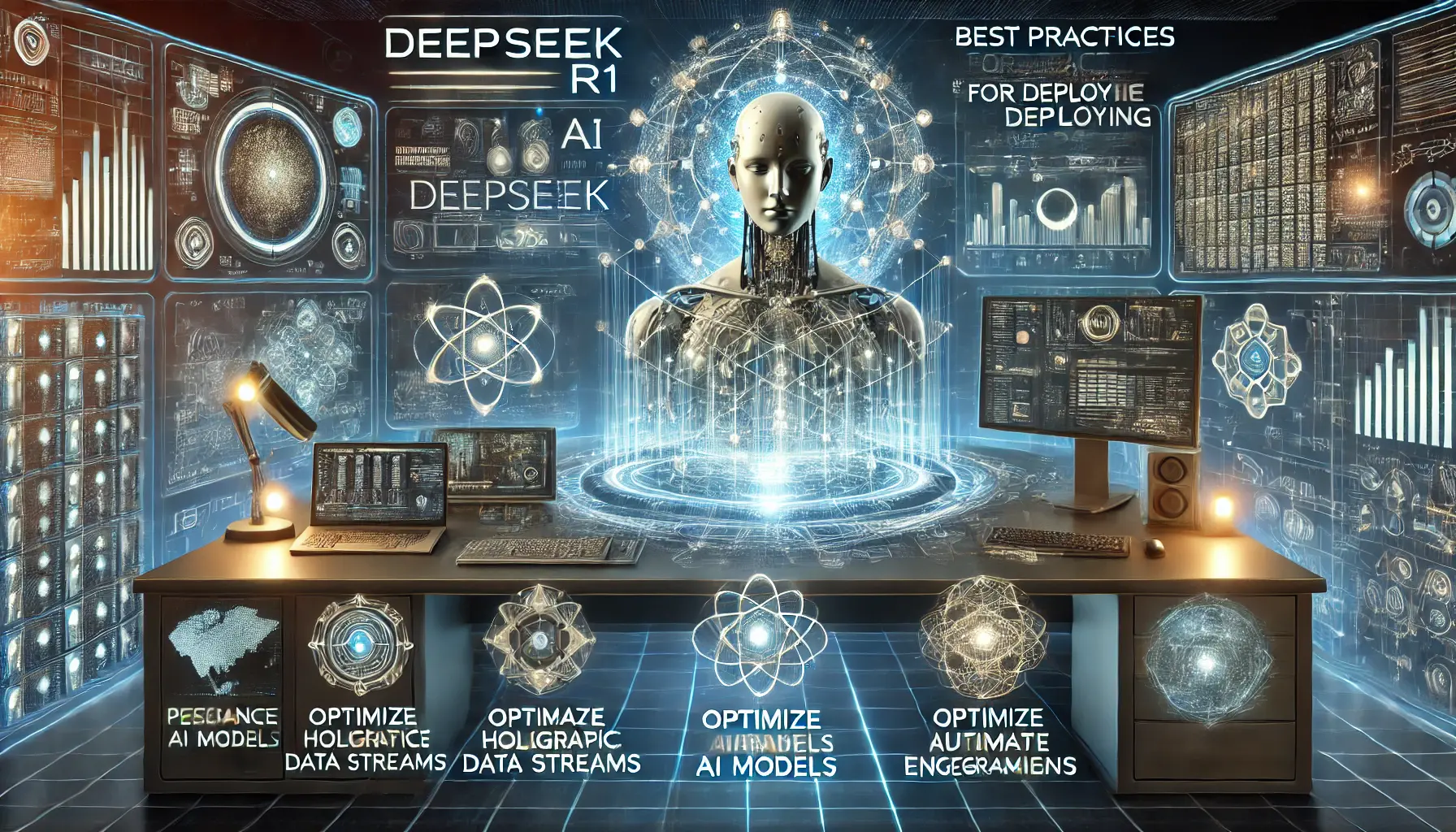 A futuristic AI-driven control center where engineers monitor holographic data streams, optimize AI models, and ensure seamless deployment.
