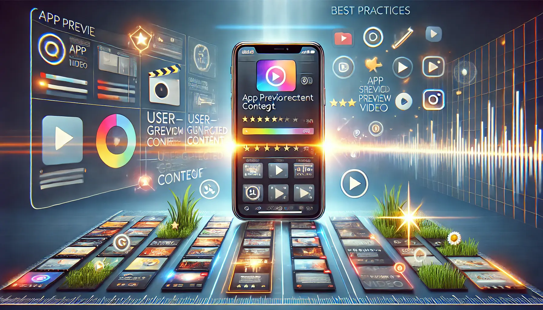 A visually engaging representation of best practices for editing user-generated content (UGC) into app store preview videos, featuring a smartphone displaying an app preview video timeline with UGC elements like reviews, ratings, and video clips being edited.