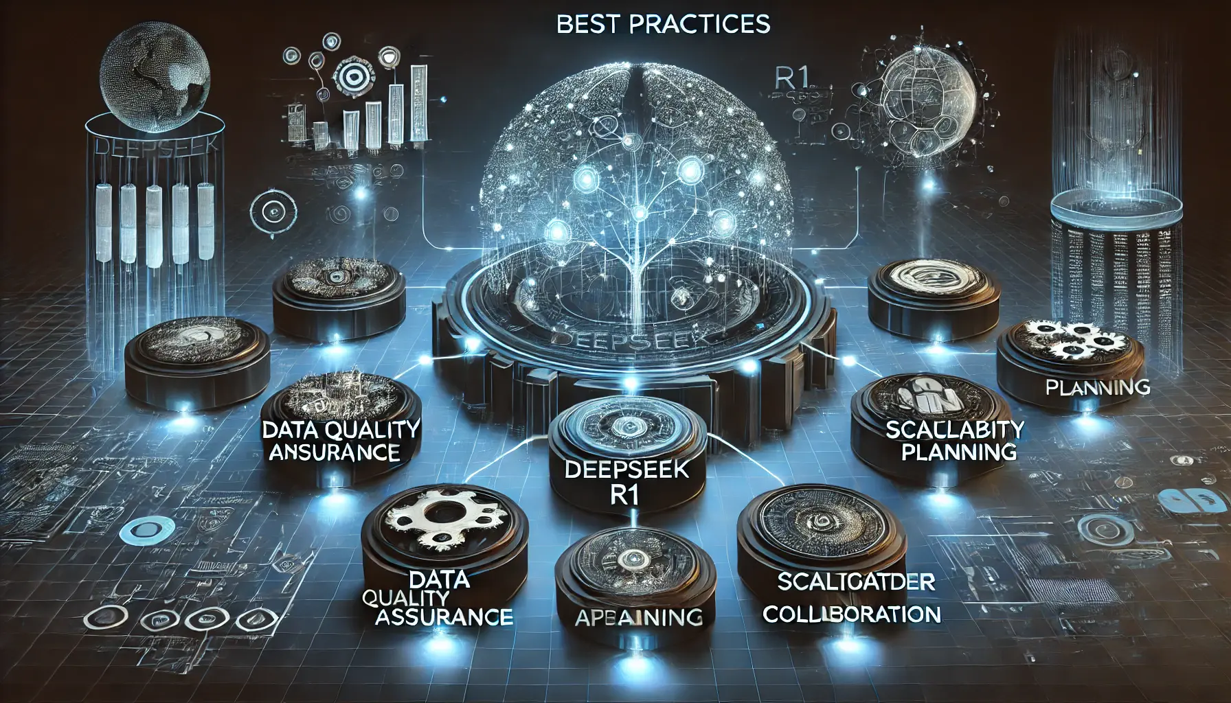 A high-tech visualization depicting best practices for implementing DeepSeek R1, showing data quality assurance, scalability planning, and stakeholder collaboration.