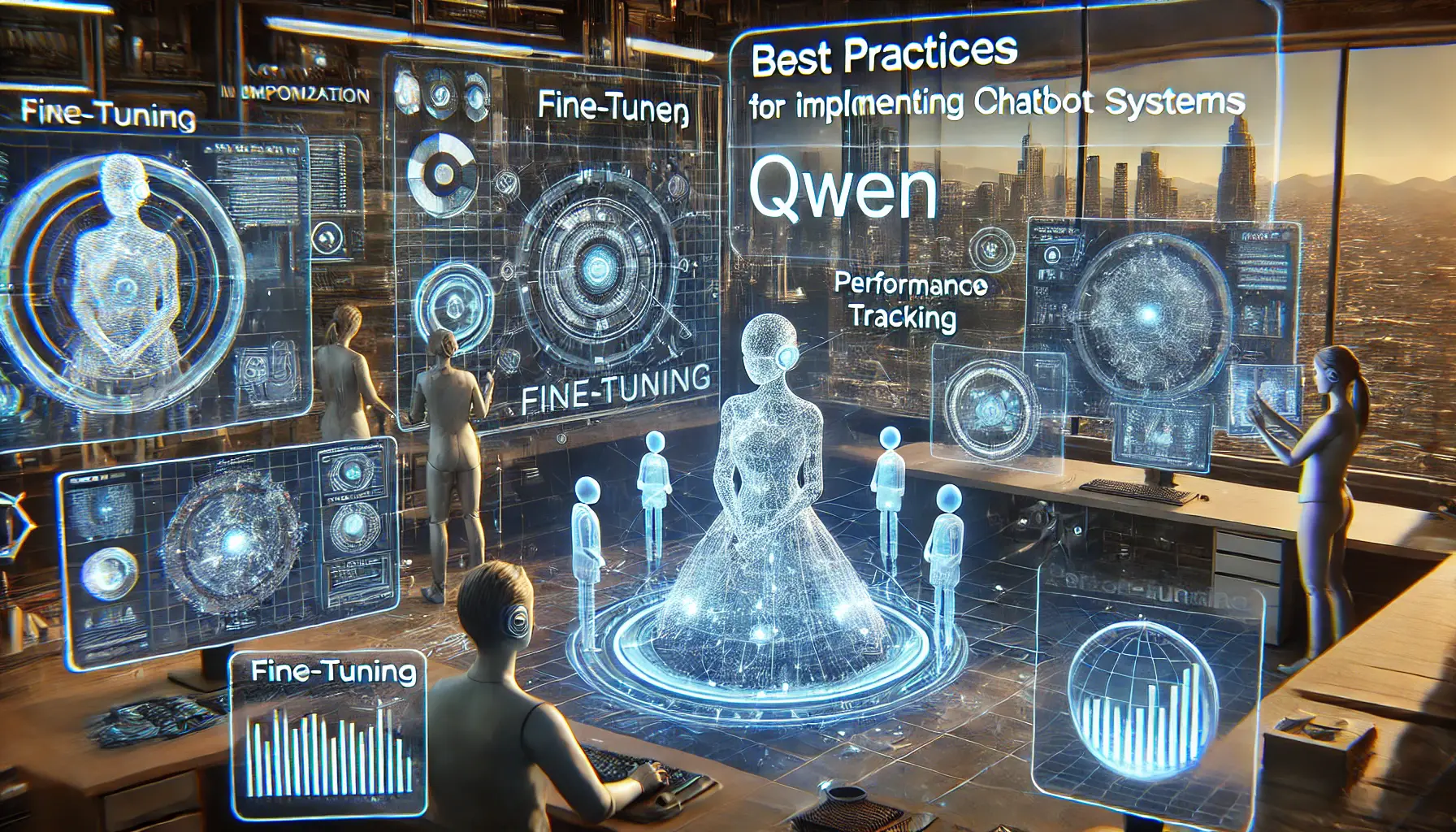 A futuristic AI development environment where developers are fine-tuning Qwen's model and monitoring performance through holographic interfaces.