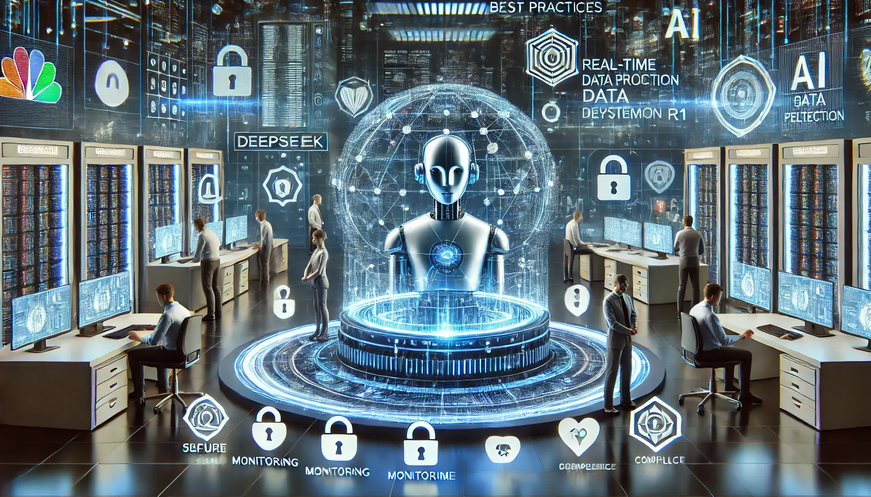 A futuristic cyber lab environment with experts deploying AI systems while applying security measures like monitoring tools, access controls, and real-time data protection.