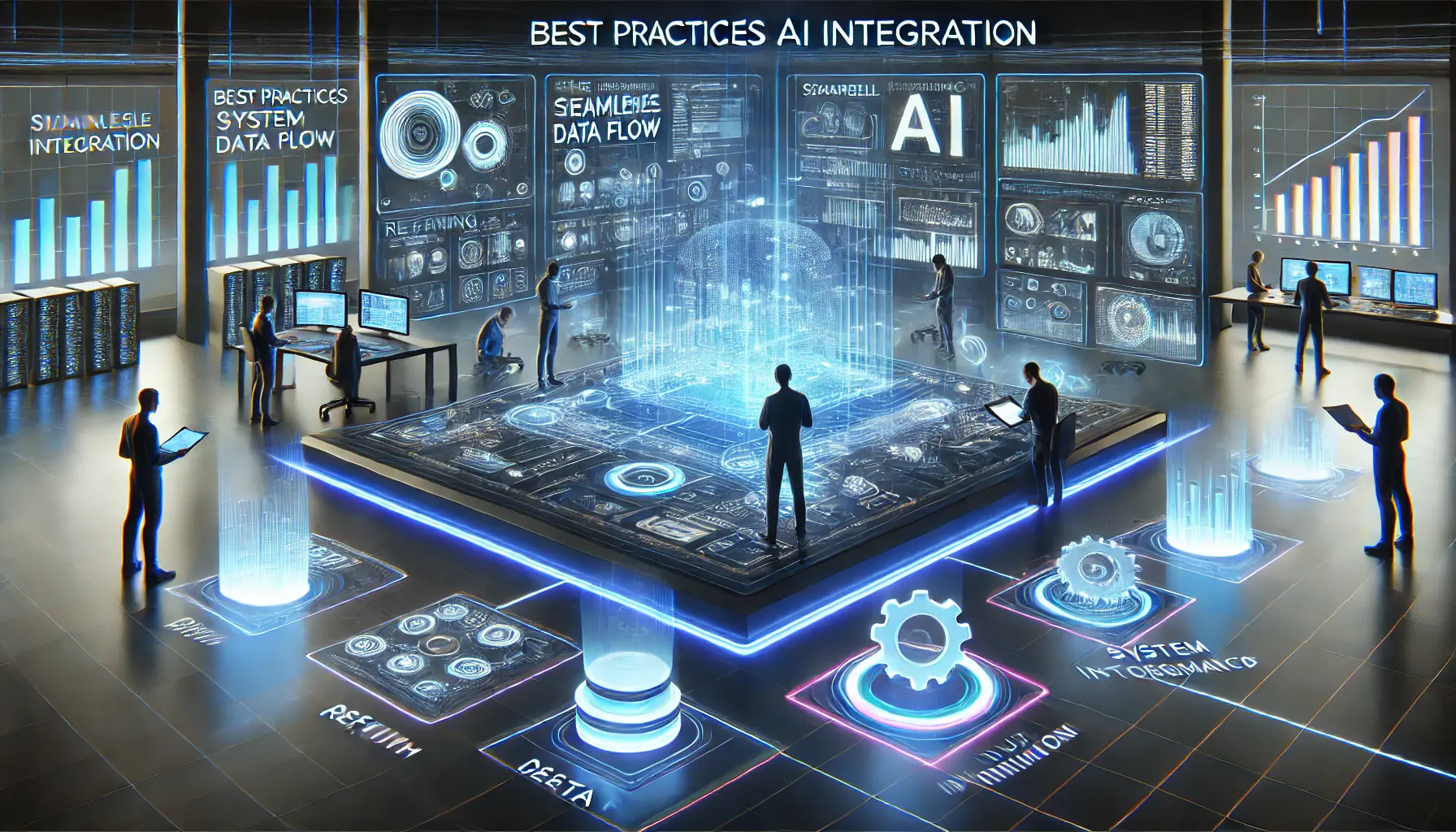 A futuristic digital workspace with engineers optimizing AI integration through holographic interfaces, data flow, and performance monitoring.