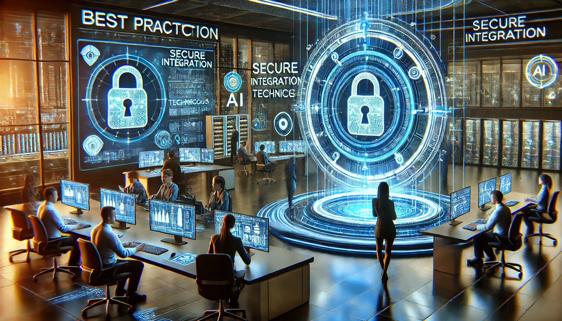 A high-tech cybersecurity environment where professionals implement secure integration techniques for AI models like Qwen, with holographic displays monitoring authentication and access controls.