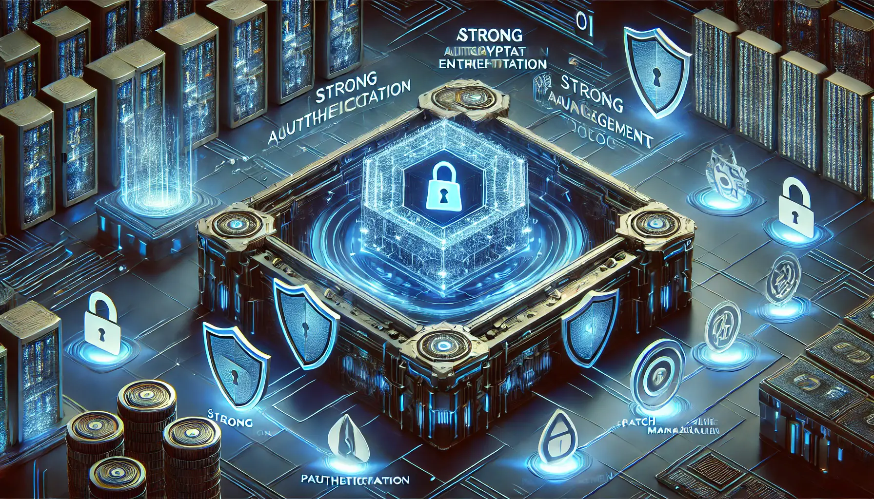 A digital concept depicting a fortified network with encryption symbols, firewalls, and a central AI core surrounded by protective shields, symbolizing robust security practices.