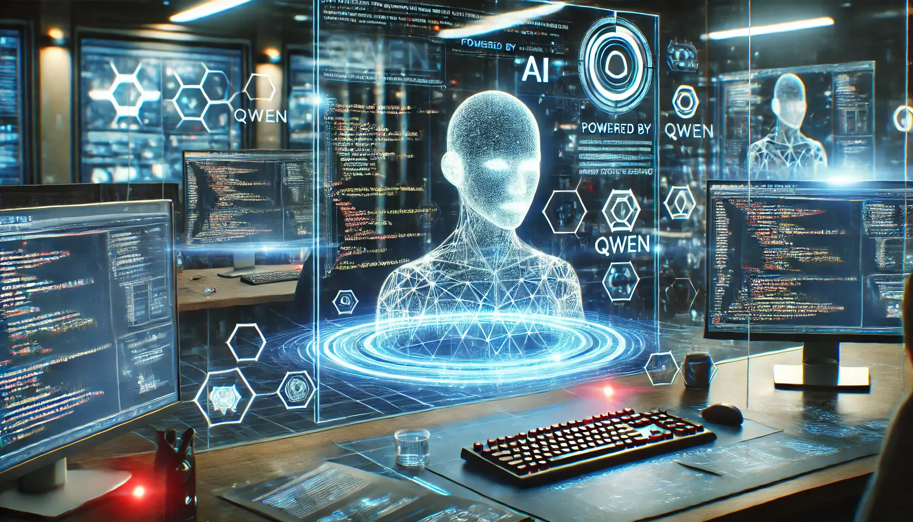 A futuristic software development environment with an AI system assisting developers in generating and debugging code, surrounded by high-tech data processing tools.