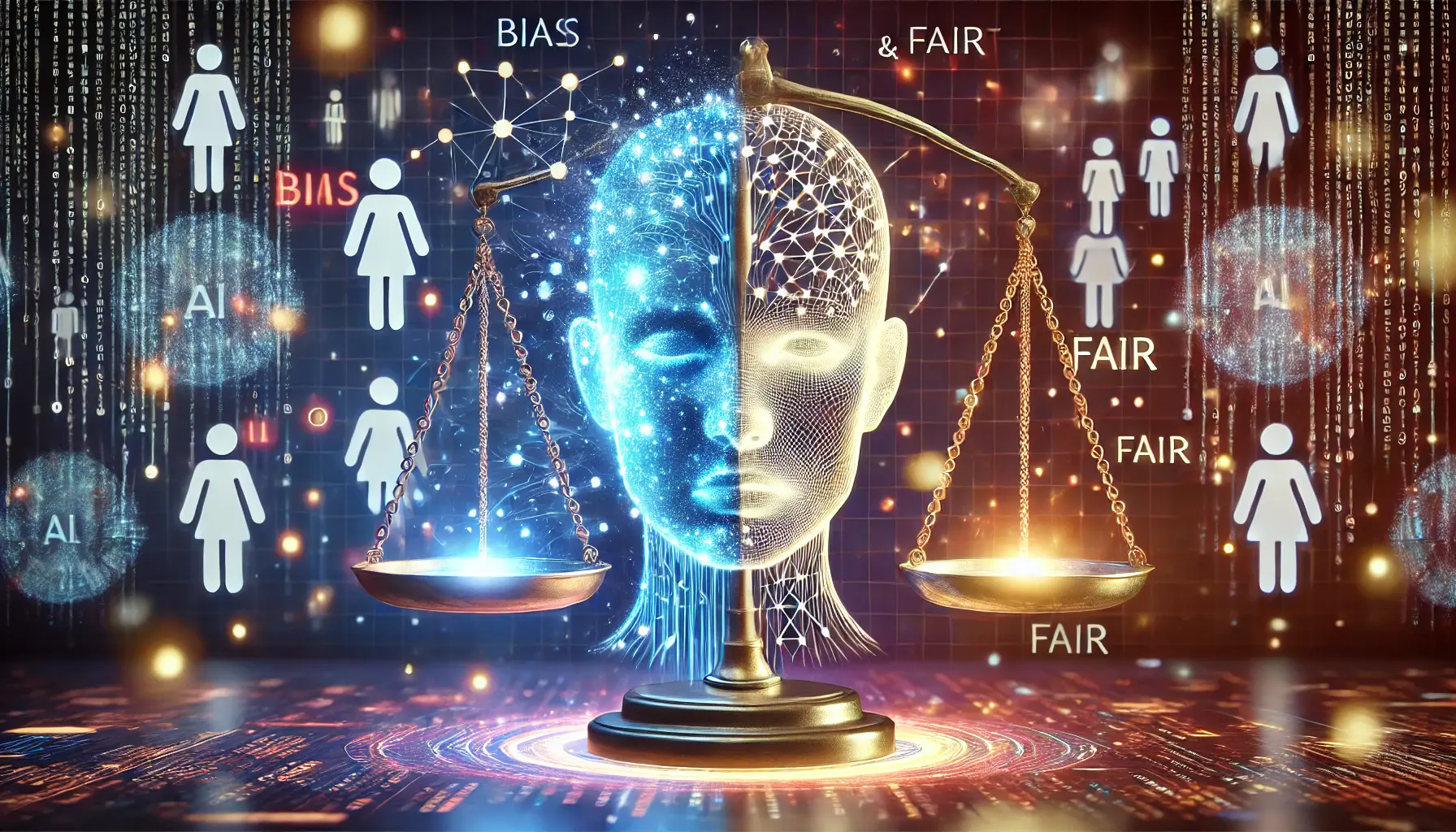 A futuristic AI system with a glowing neural network, featuring scales of justice symbolizing fairness and balance, and data streams highlighting both biased and fair outcomes.