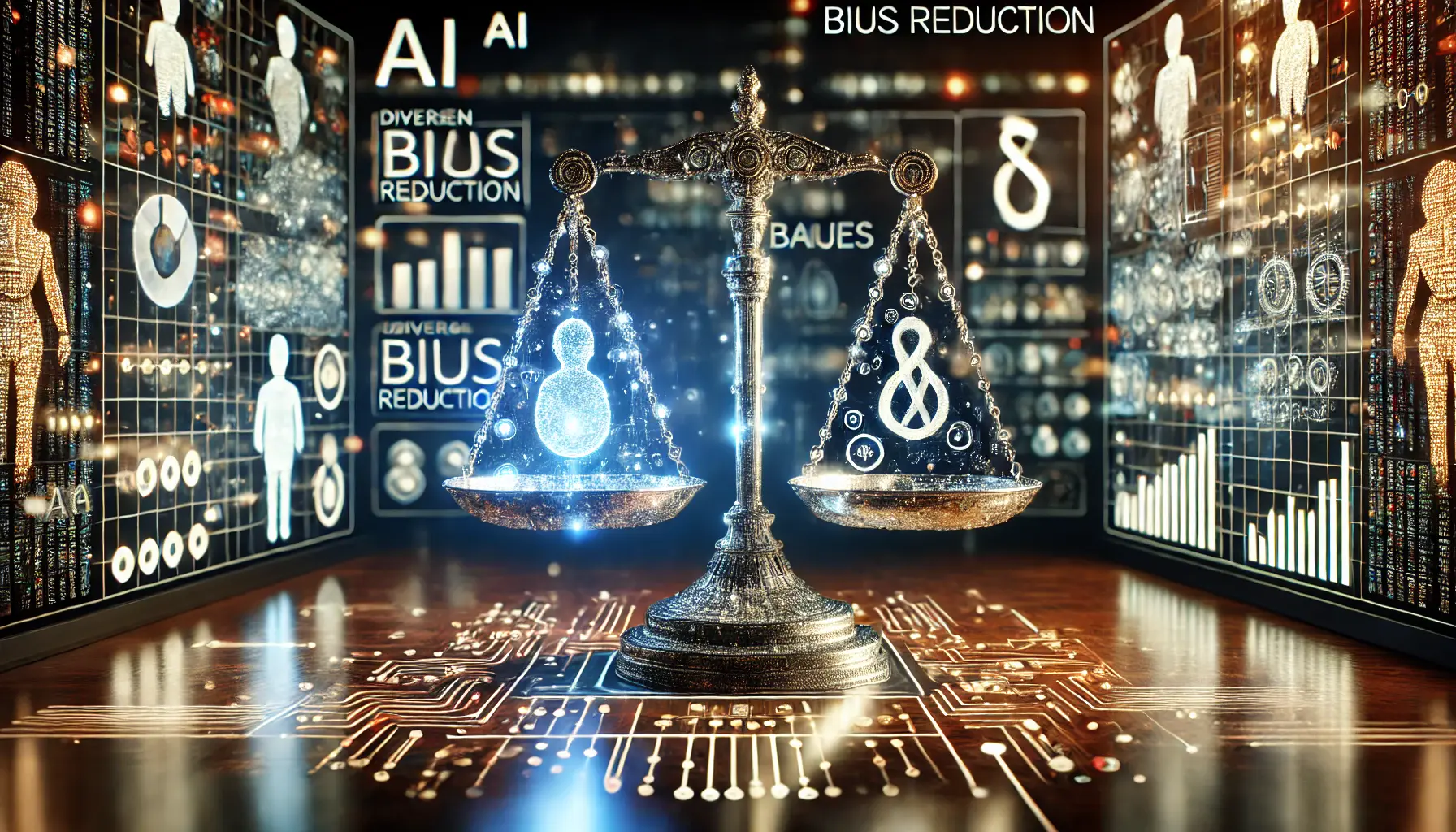 A high-tech digital environment featuring a glowing balance scale symbolizing fairness, with diverse data streams being analyzed for biases.