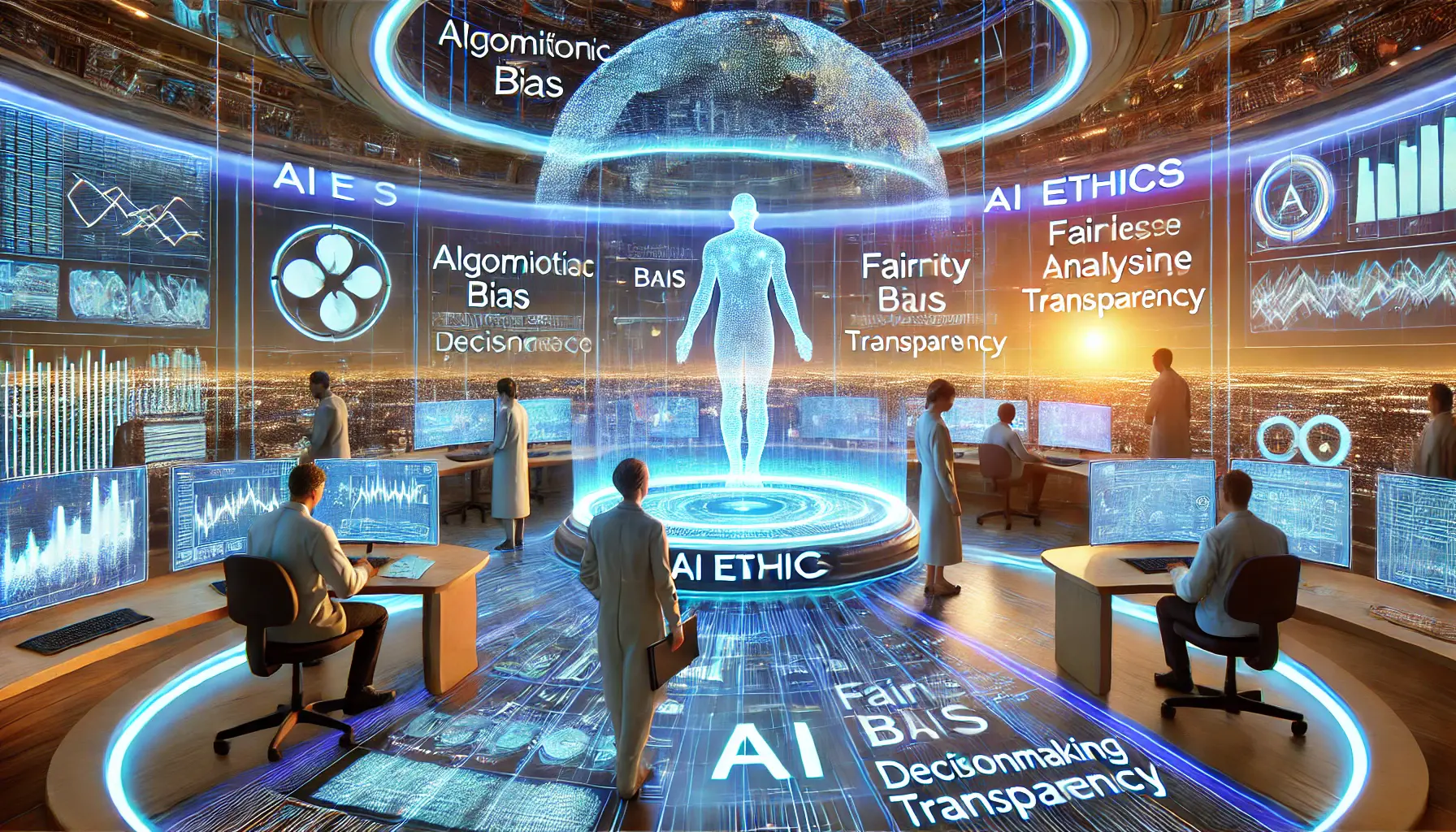 A futuristic AI ethics lab where researchers analyze algorithmic biases and fairness in AI decision-making using holographic data streams.