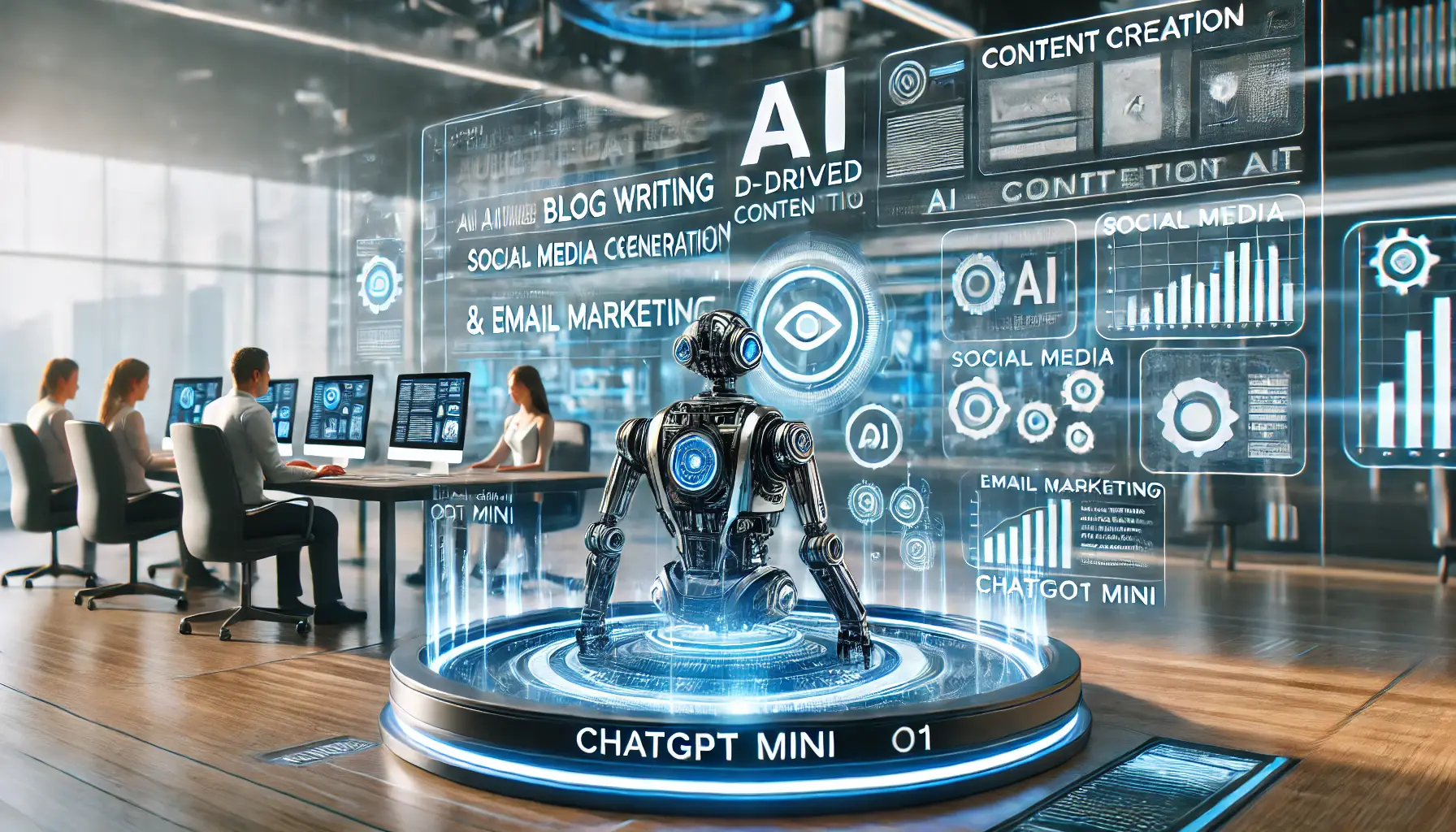 A futuristic AI-powered content creation workspace with advanced tools for automated blog writing, social media content generation, and email marketing. Marketers interact with AI-driven content suggestions and optimization features in a high-tech digital environment.