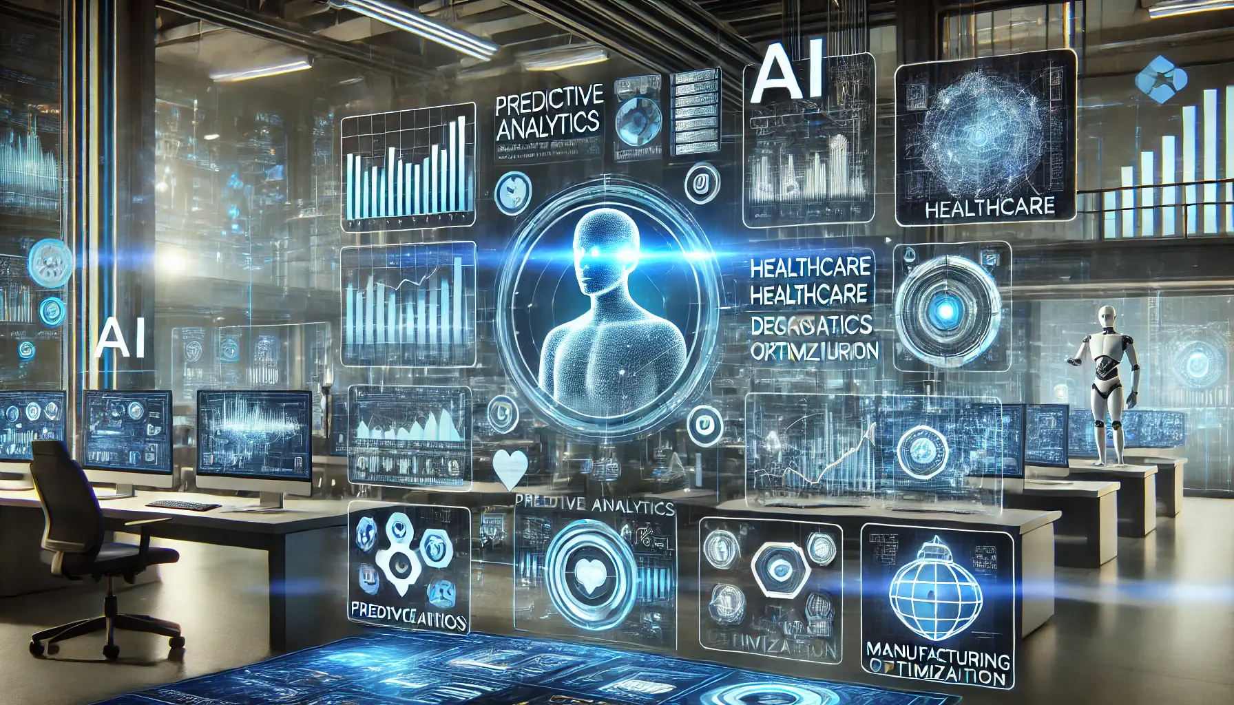 A futuristic AI system applied to various industries such as finance, healthcare, and manufacturing, visualizing predictive analytics and data-driven decision-making.