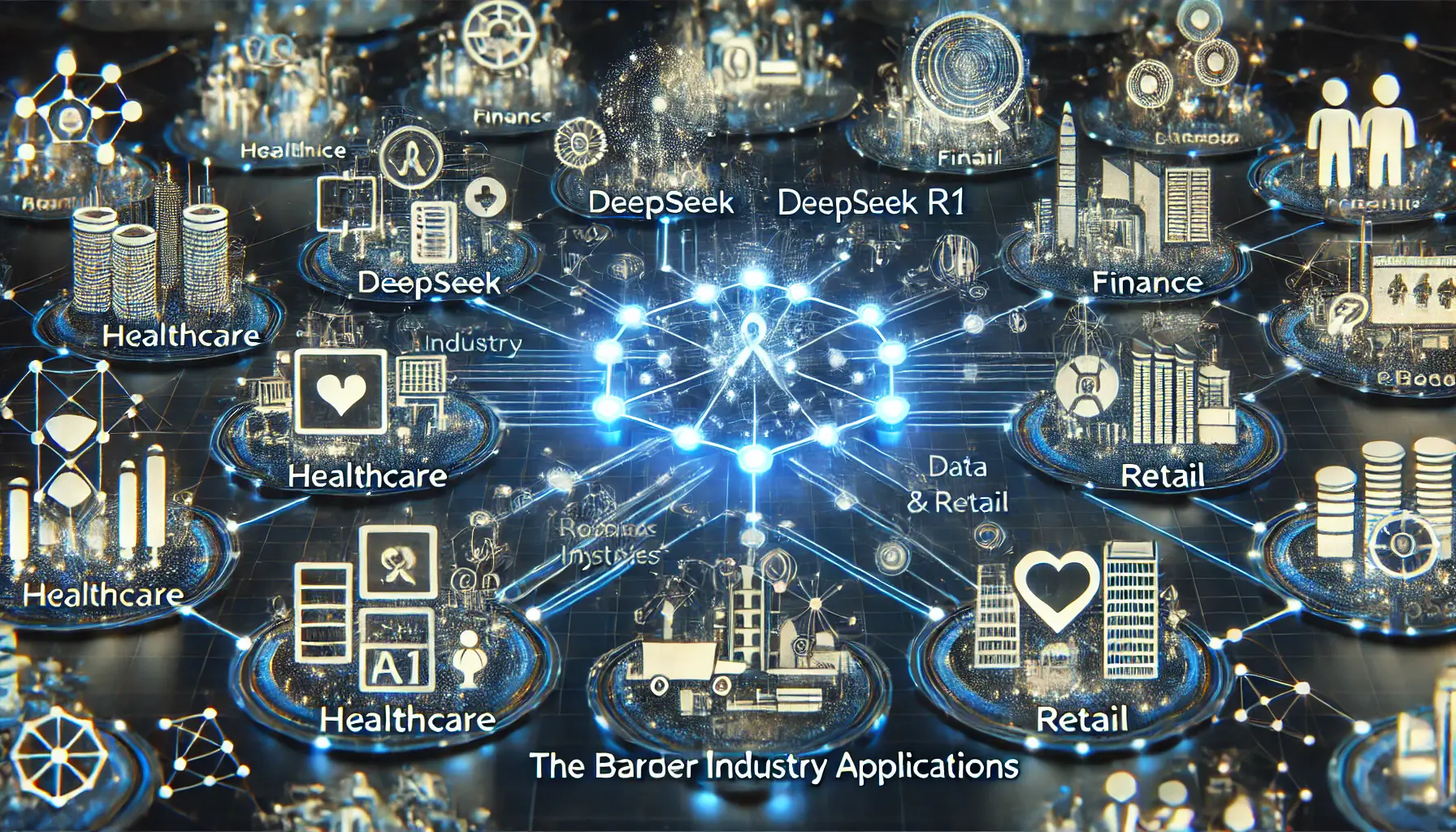 A futuristic visualization showing the broader industry applications of DeepSeek R1 in sectors like healthcare, finance, and retail.