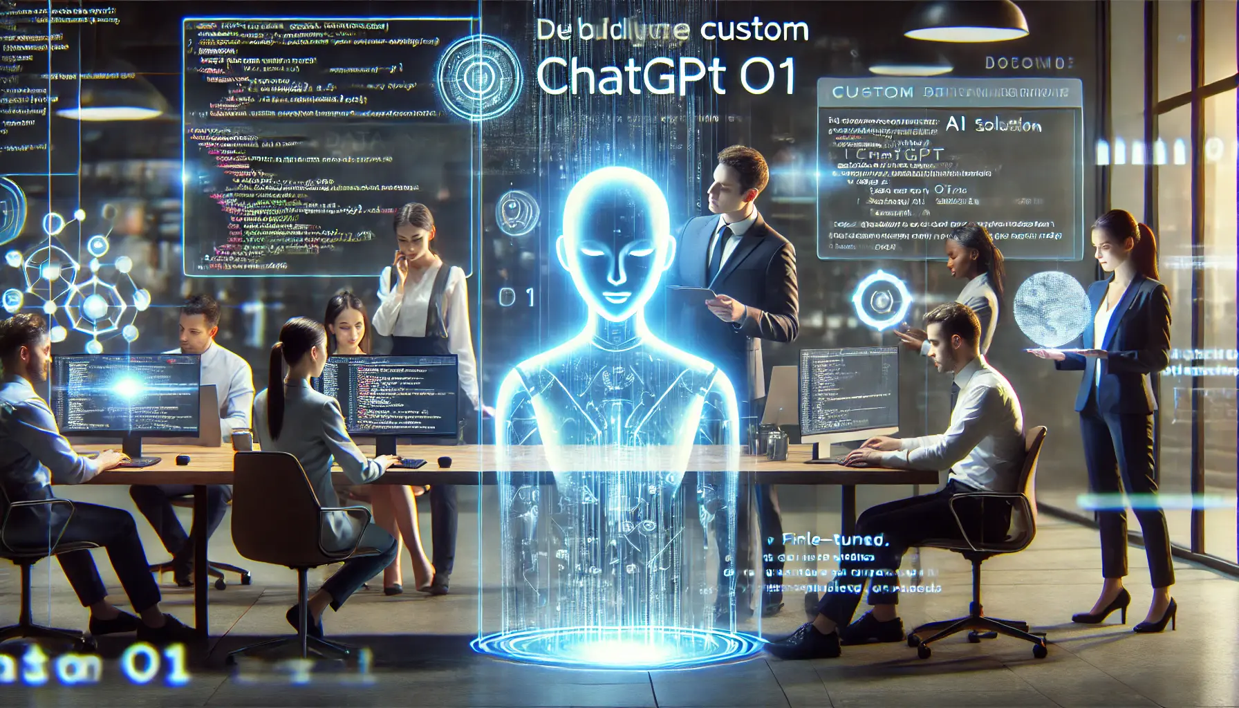 A futuristic workspace where developers build custom solutions using ChatGPT o1 AI.