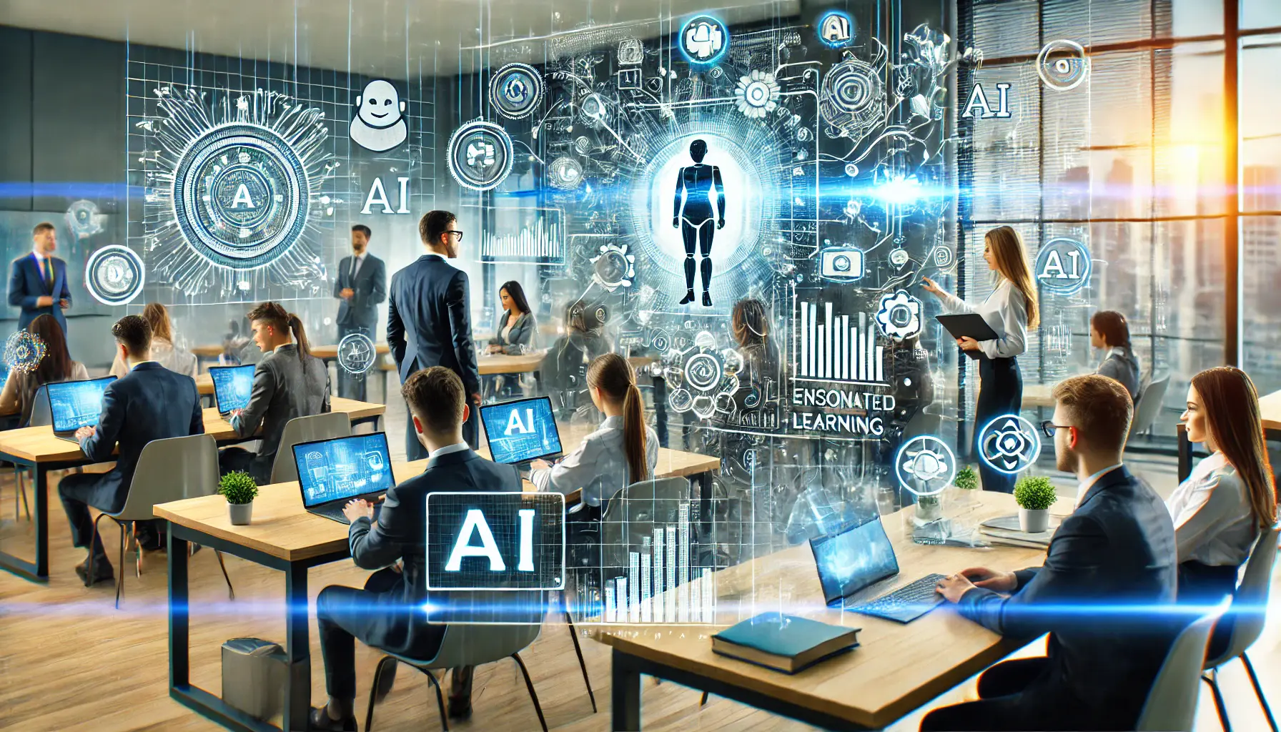 A classroom with students using AI-powered learning tools and a business meeting with professionals collaborating with AI.