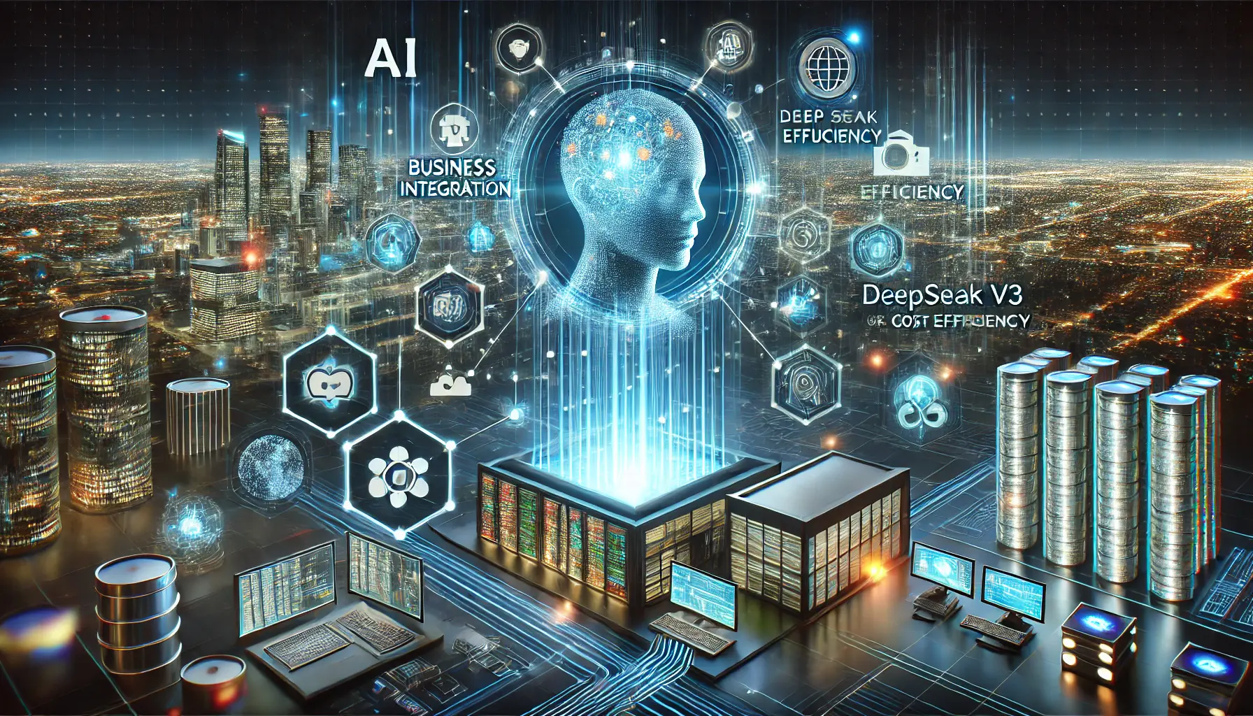 A high-tech AI control center representing business integration with cost-efficient AI solutions, glowing data streams optimizing business processes in a futuristic data center.