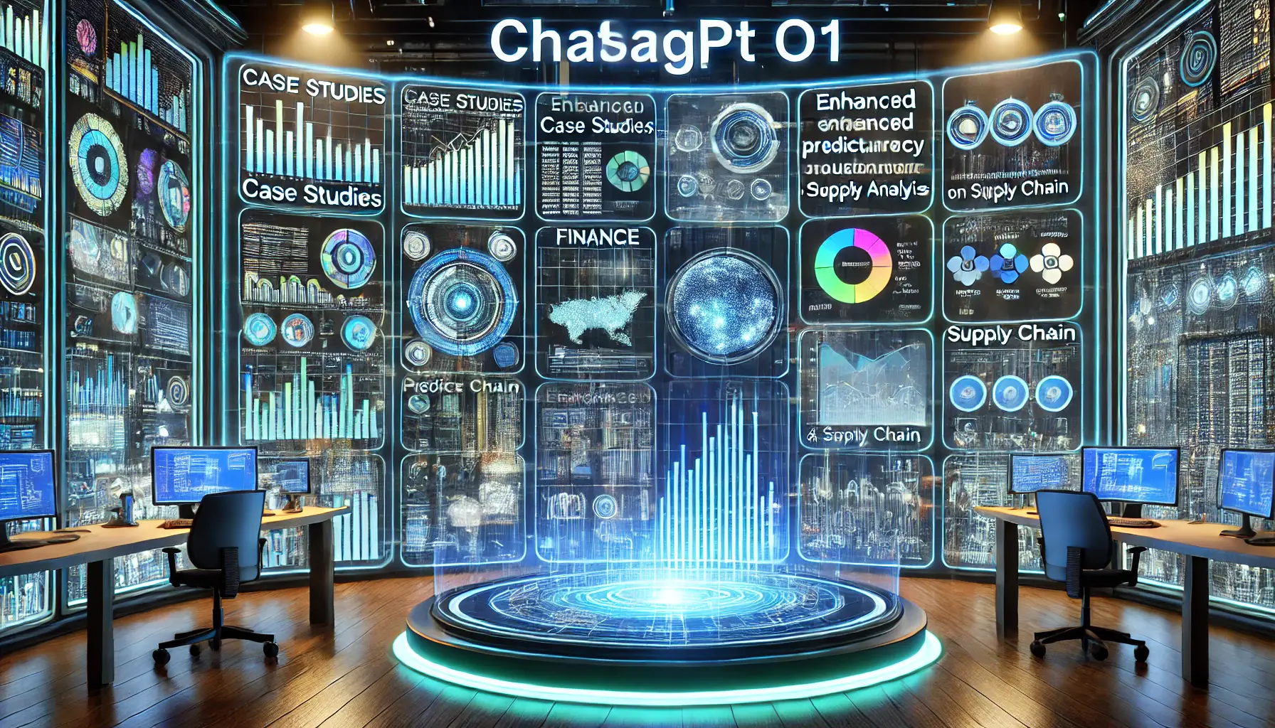 A futuristic AI-powered system analyzing case studies, showing the impact of ChatGPT o1 on predictive analytics across industries like finance, healthcare, and supply chain.