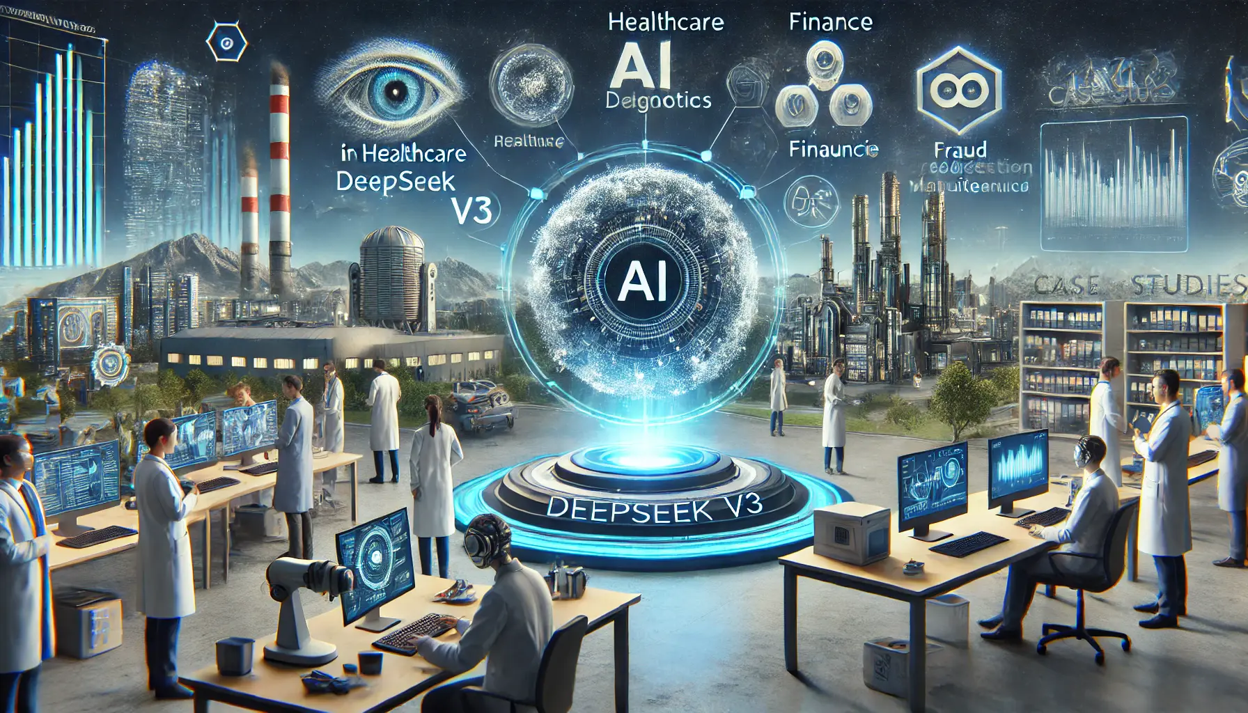 A futuristic depiction of case studies showing the impact of DeepSeek v3 in healthcare, finance, and manufacturing sectors with AI applications in action.