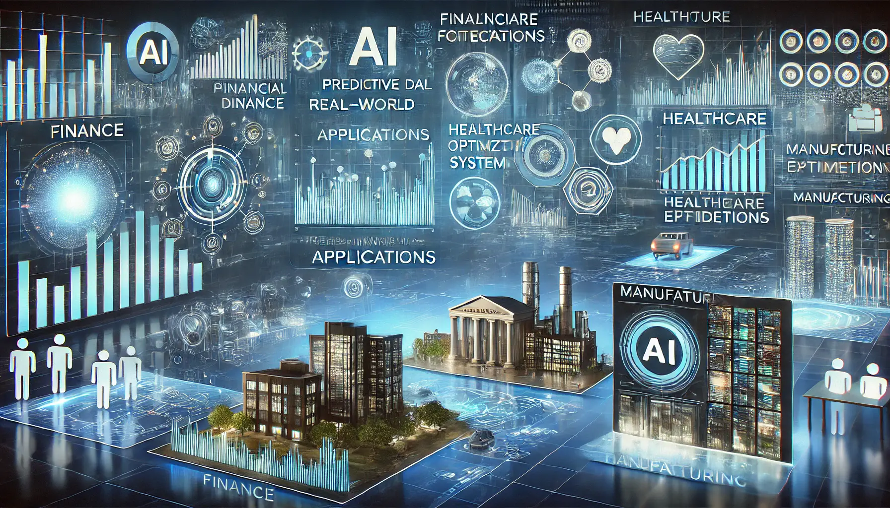 A futuristic AI-driven environment showcasing real-world applications in finance, healthcare, and manufacturing with predictive models and data analysis.