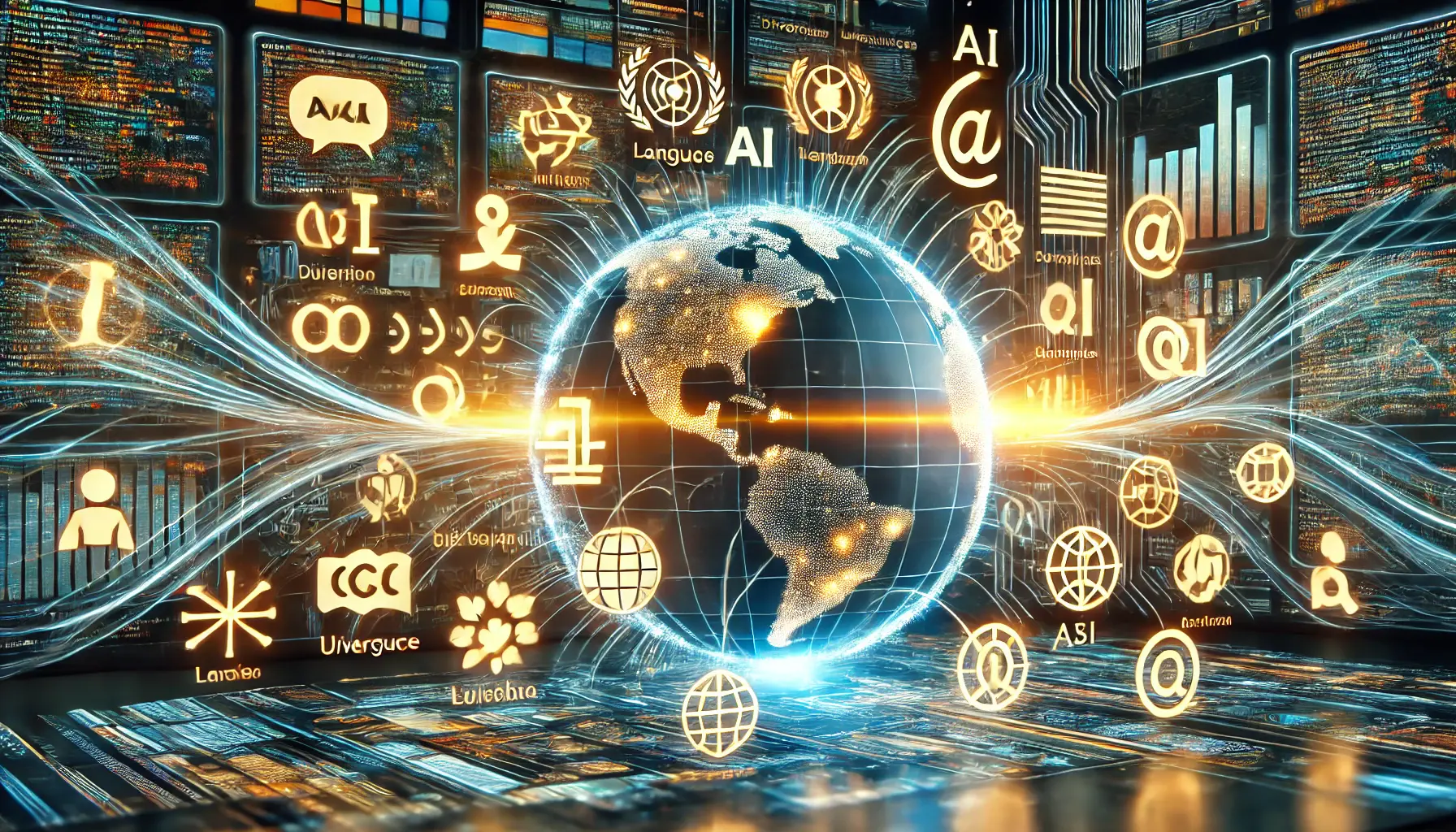 A digital representation of diverse language applications in AI, with data streams representing different languages.