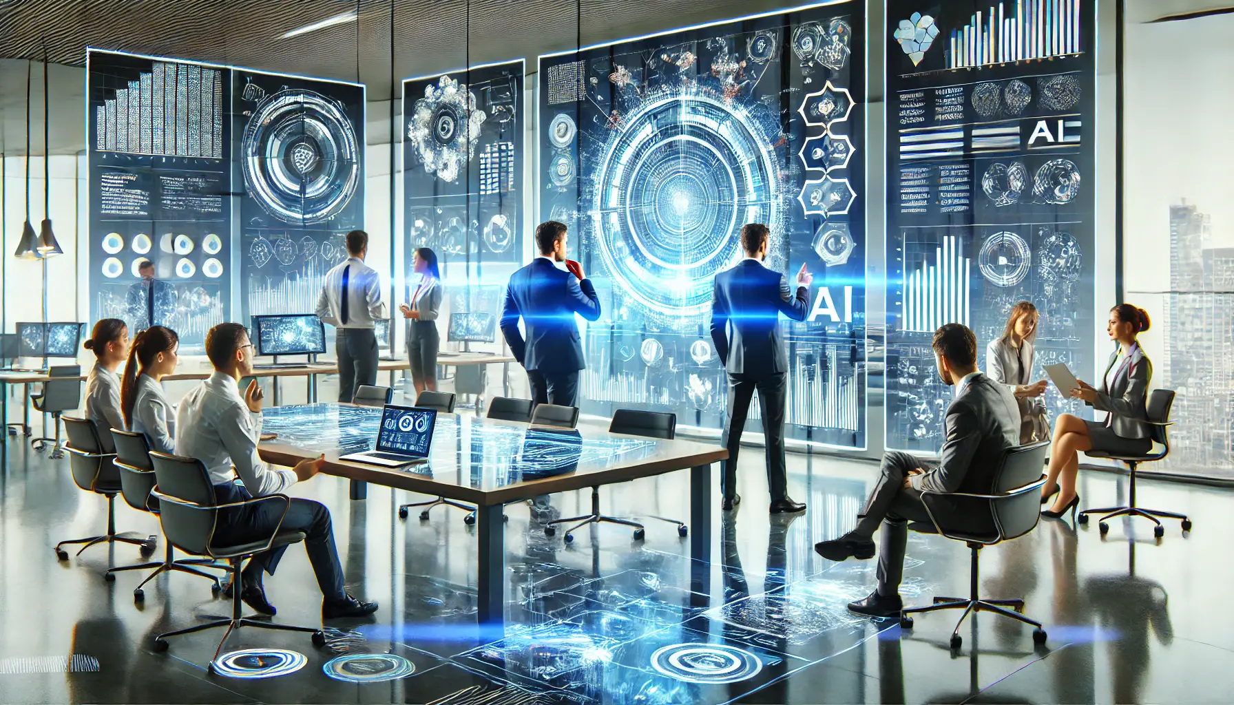 Professionals in a modern office environment discussing and analyzing data with AI-powered holographic screens.