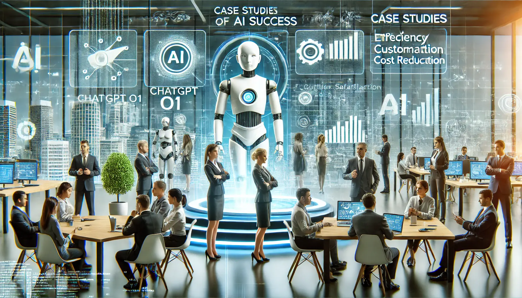 A futuristic business environment where professionals discuss AI-driven automation case studies.