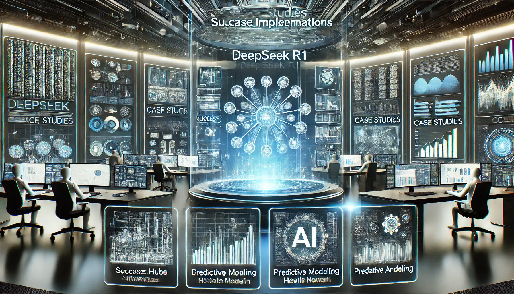 A futuristic AI-driven workspace with holographic screens displaying case studies from industries like finance, healthcare, and retail.