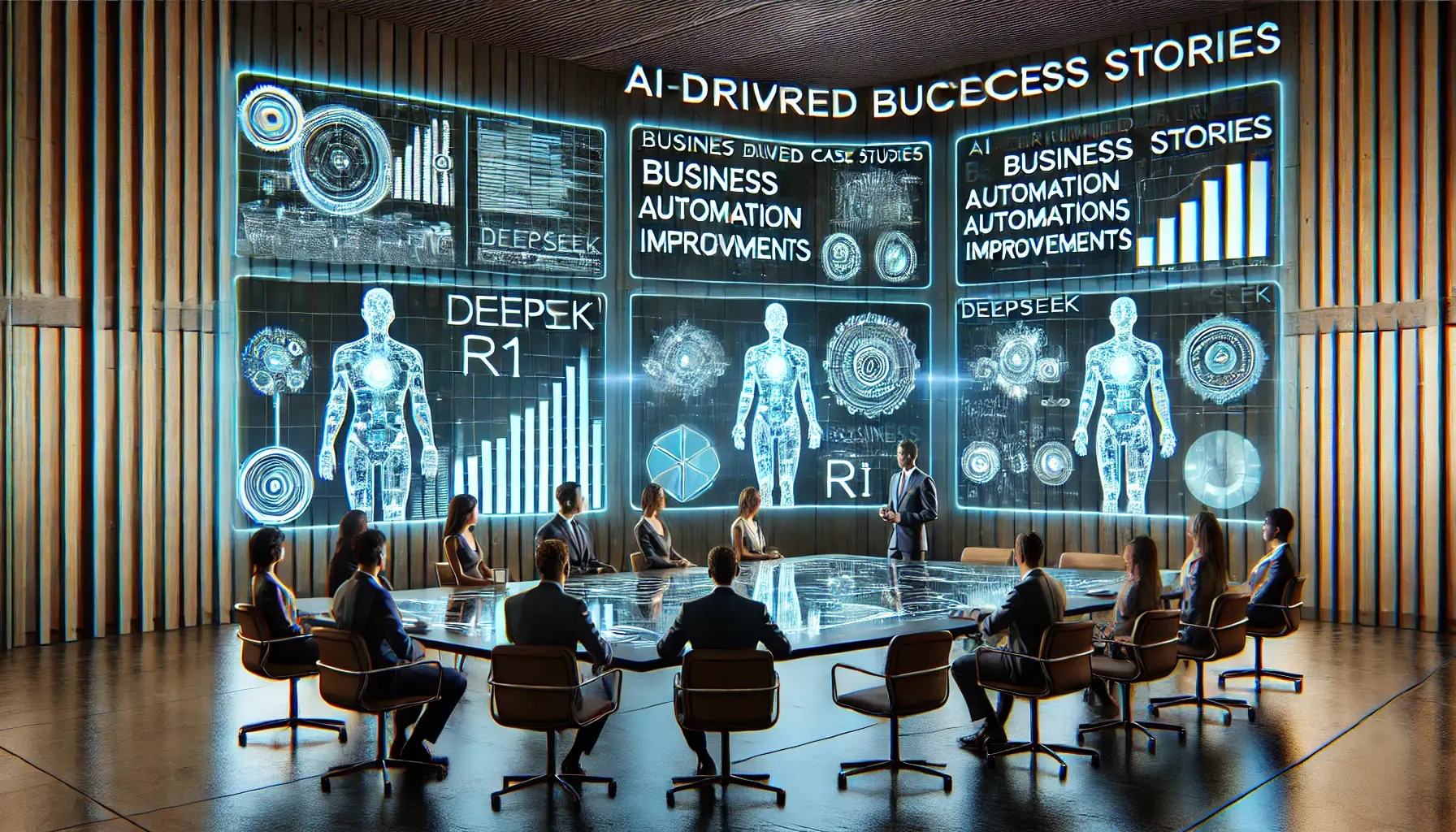 Futuristic corporate presentation with professionals analyzing AI-driven business success stories on holographic displays.