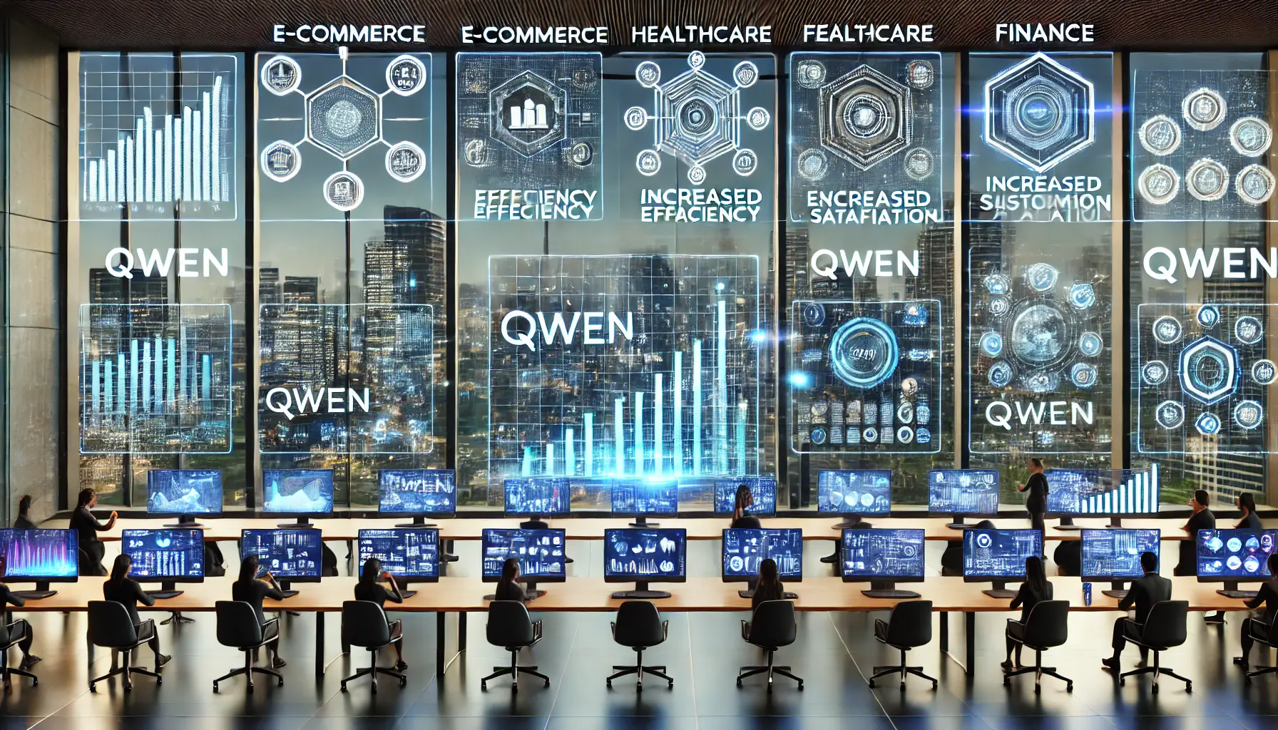 A futuristic business setting where multiple industries showcase their success using Qwen’s AI capabilities, displayed through holographic success metrics like growth graphs and efficiency increases.