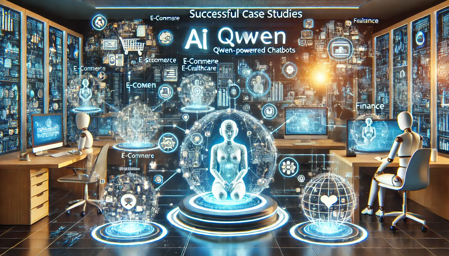 A high-tech workspace showing multiple industries like e-commerce, healthcare, and finance benefiting from Qwen-powered AI chatbots, with glowing, interconnected systems.