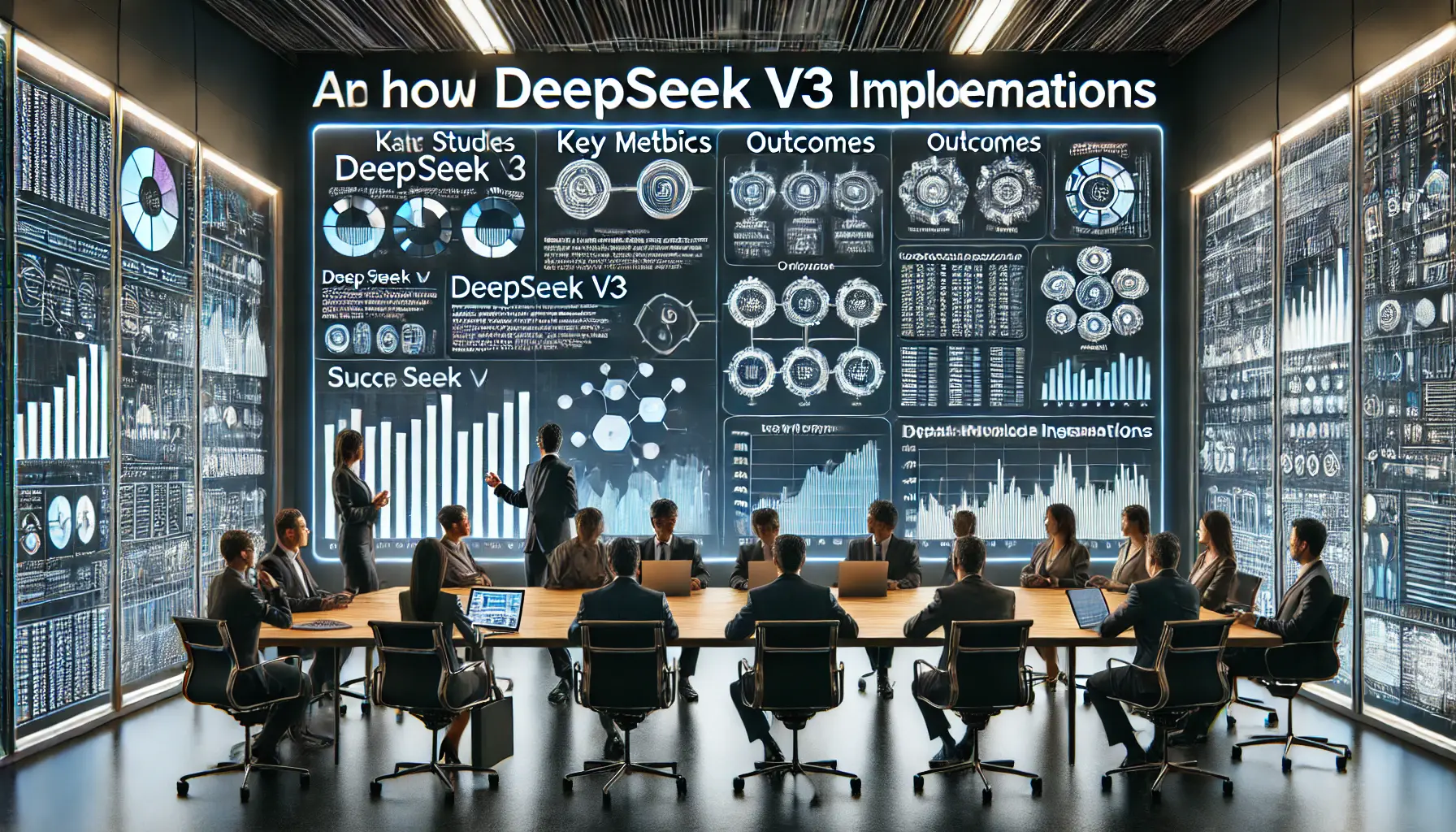 A high-tech conference room where professionals present successful DeepSeek v3 implementation case studies from various industries.