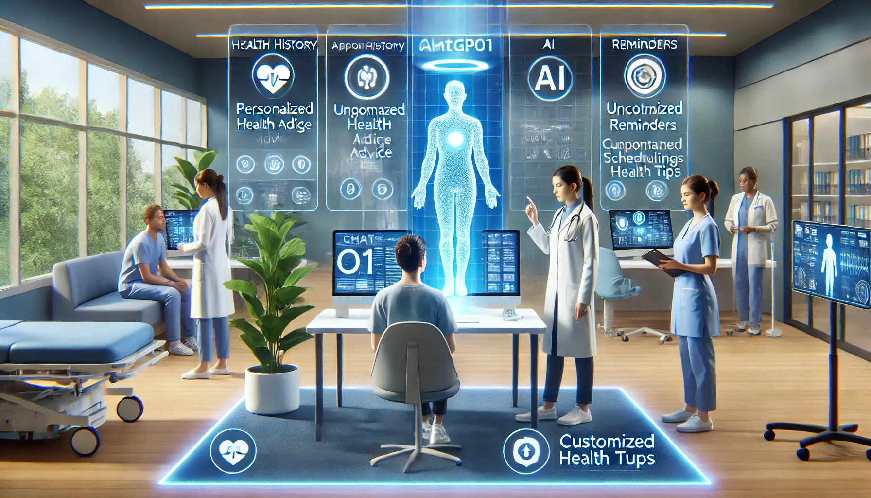 A modern healthcare environment where AI-powered ChatGPT o1 assists healthcare professionals in engaging with patients, providing personalized health advice and managing appointments through digital interfaces.