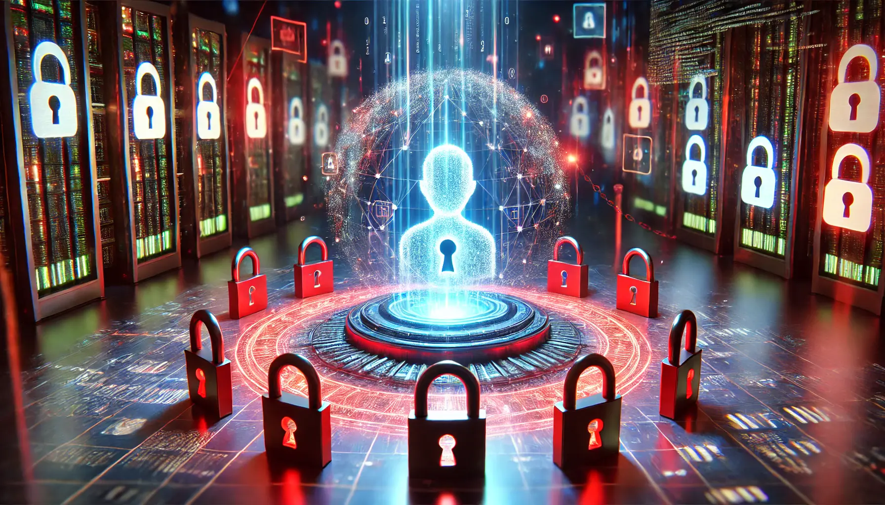 A digital scene symbolizing censorship and content moderation concerns in AI systems. The image features a glowing AI model surrounded by a network of red and blue locks and barriers, representing content filtering and censorship. In the background, abstract representations of data being blocked or altered are visible, showing the impact of content moderation. The environment has a futuristic feel, with digital shadows and encrypted data streams highlighting the ethical challenges of AI governance and control.