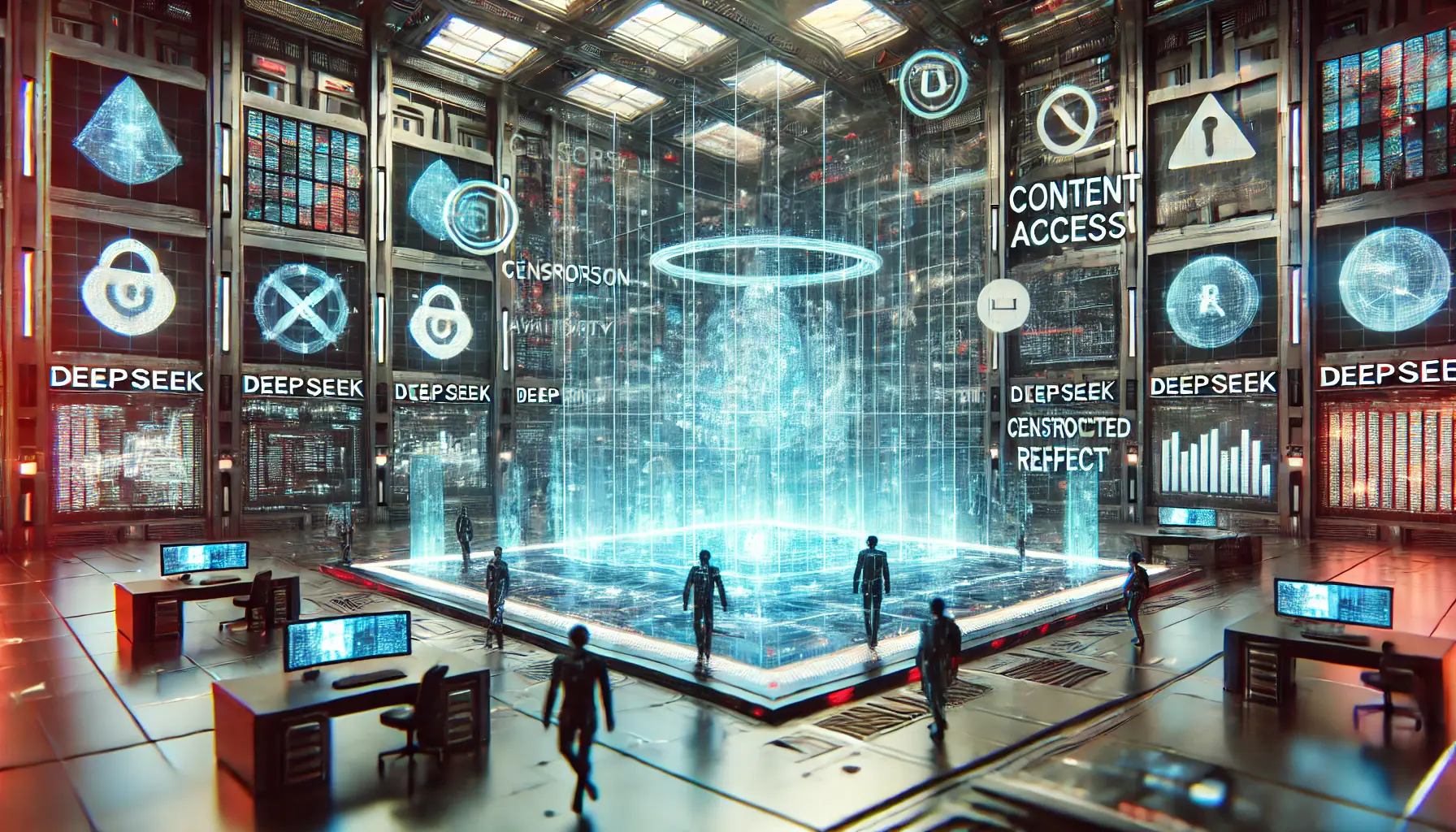 A futuristic AI interface with holographic security barriers and restricted access symbols, illustrating censorship and content limitations.