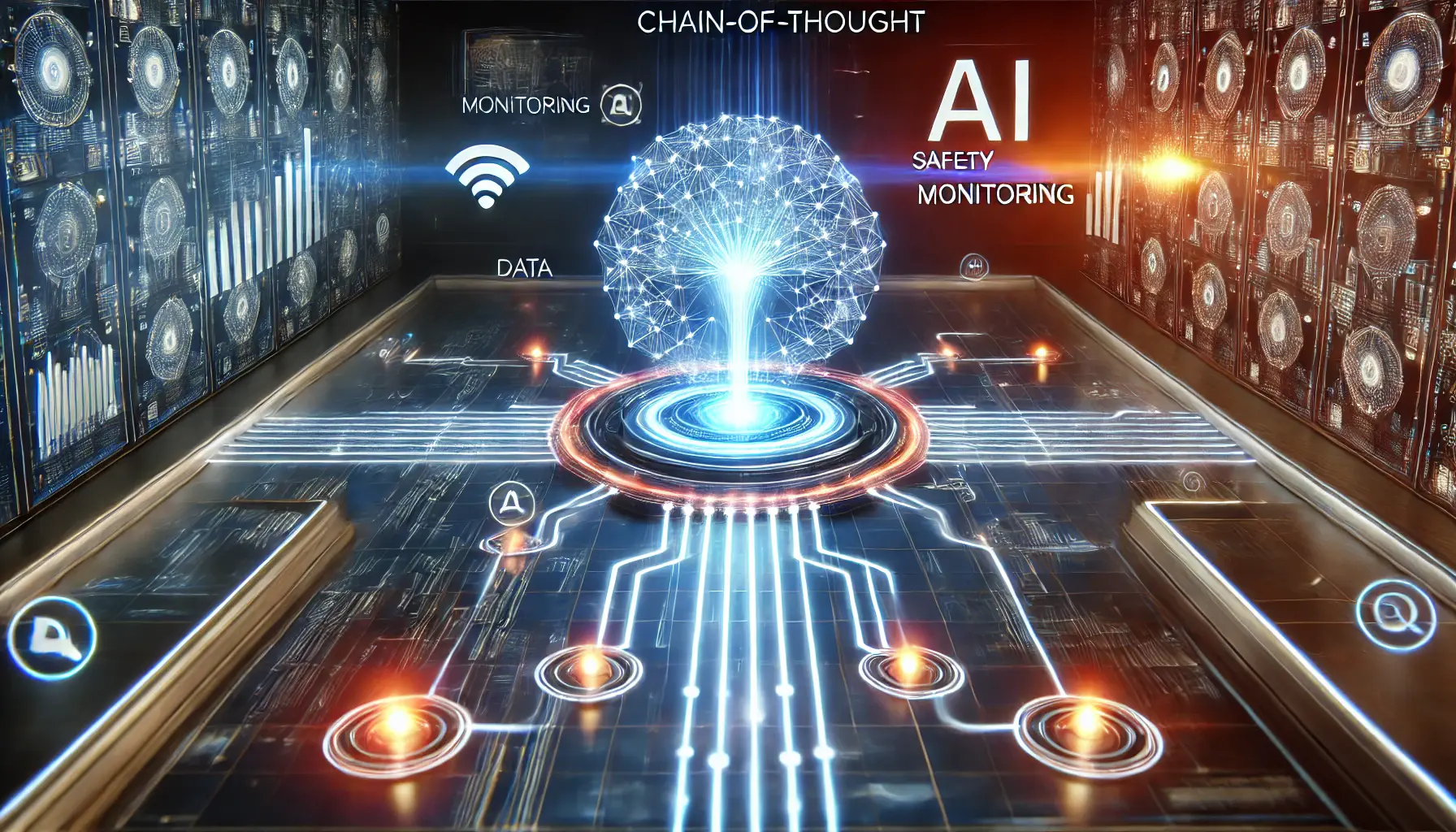 A futuristic AI system with chain-of-thought safety monitoring, visualized as a glowing AI core surrounded by a digital web of interconnected pathways and safety checkpoints.