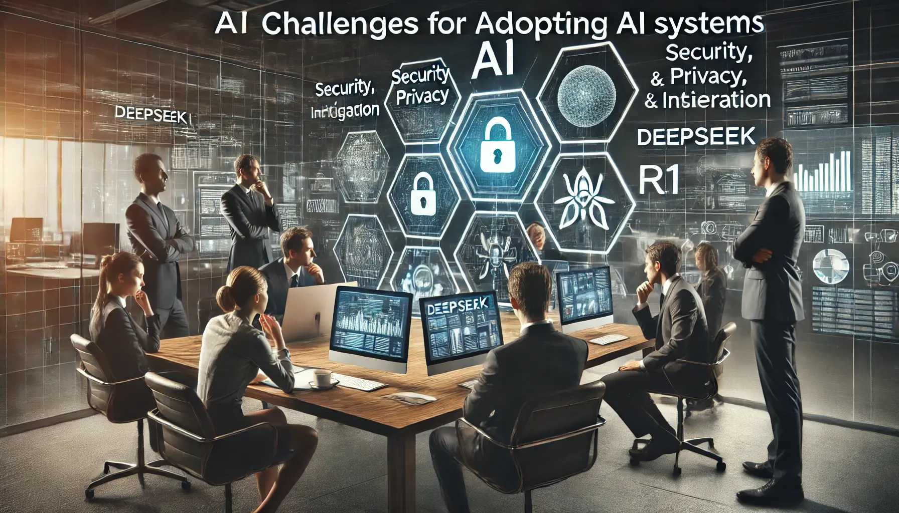 Professional office environment with a team evaluating challenges and considerations for AI adoption.