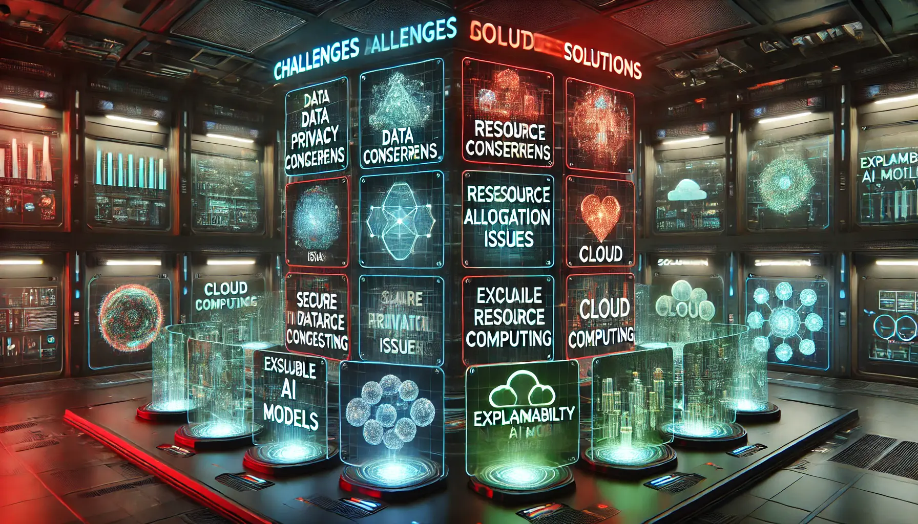 A high-tech control room with holographic displays representing AI challenges such as data privacy, resource allocation, and the need for explainability, with solutions like secure data processing and explainable AI overcoming these issues.