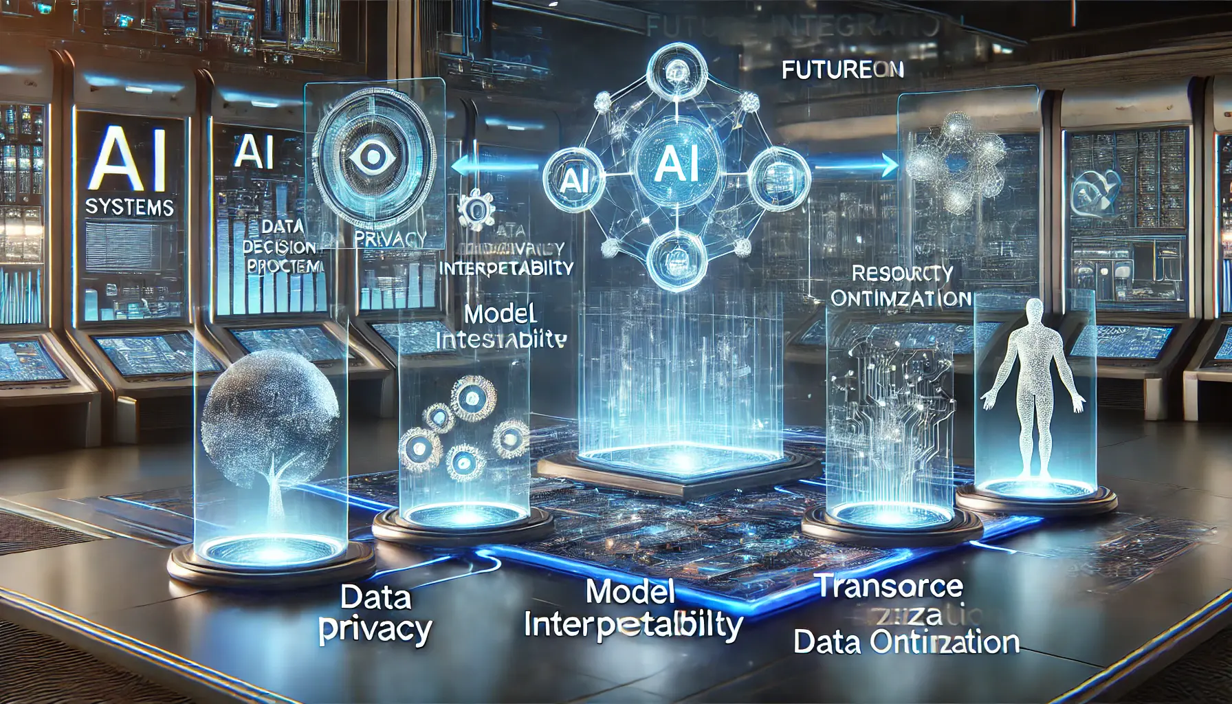 A futuristic AI system navigating the challenges of integration, including data privacy, model interpretability, and resource optimization.