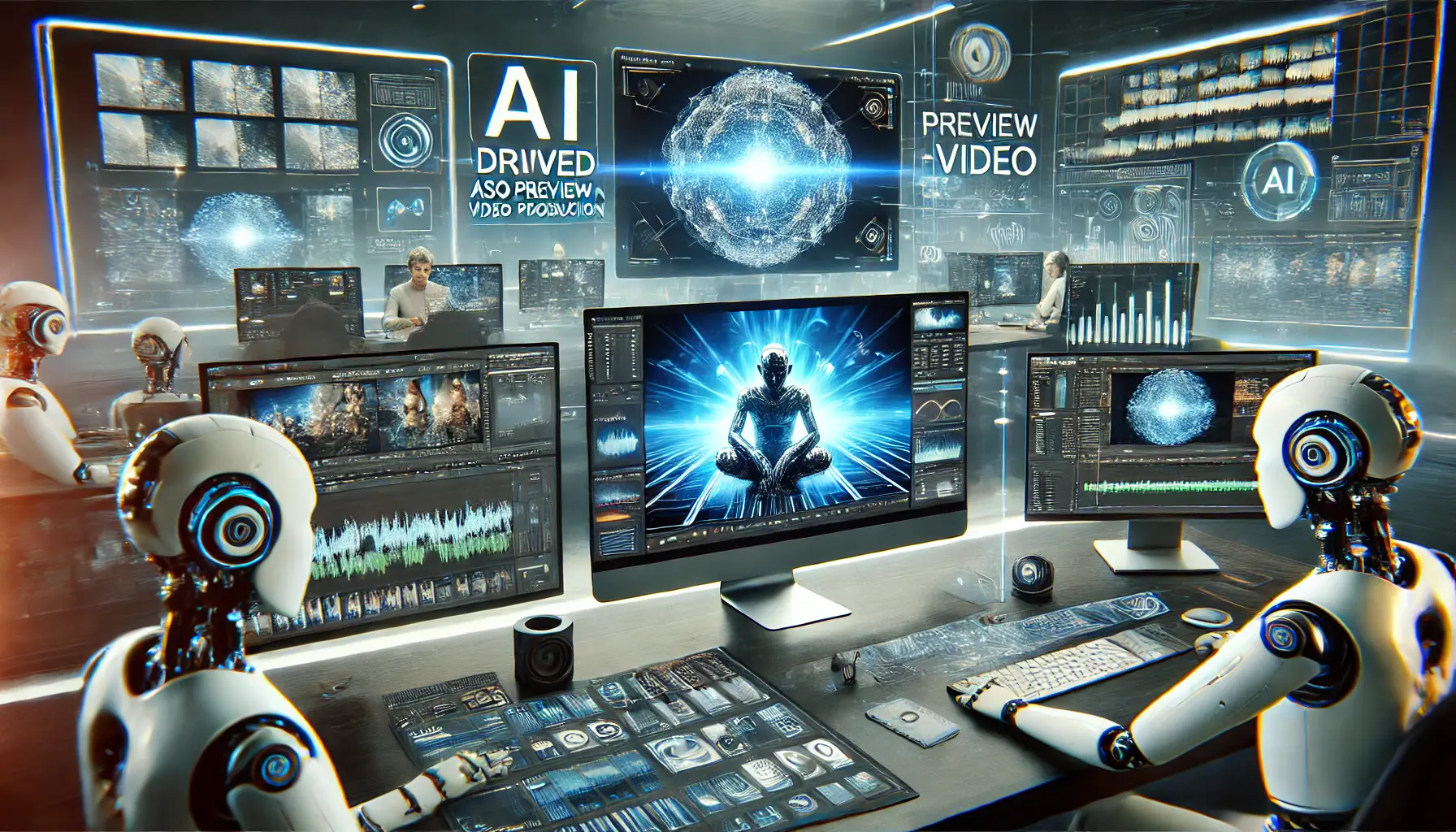 A futuristic digital workspace showcasing challenges in AI-driven ASO preview video production, highlighting technical hurdles and inconsistencies.