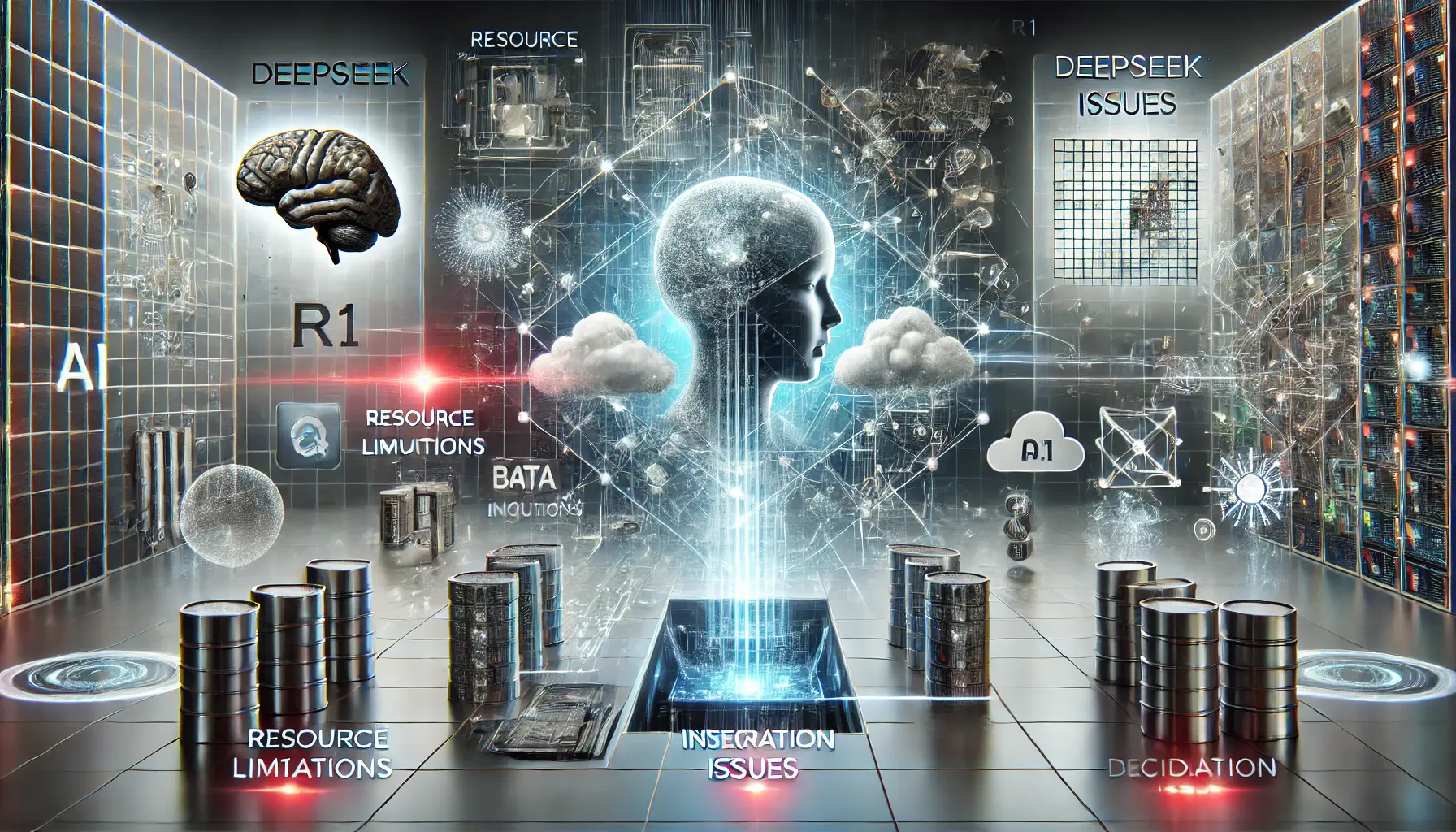 A futuristic AI system showing challenges in the deployment of DeepSeek R1, with blocked data streams and neural networks adapting to limitations.