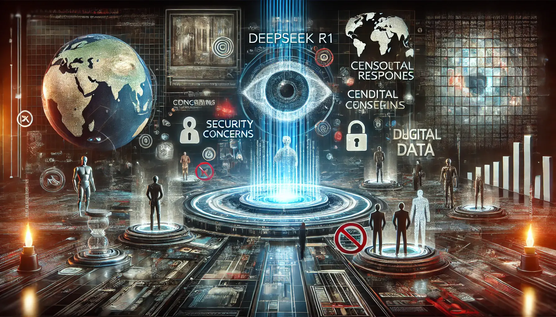 A concept image representing the challenges and controversies surrounding DeepSeek R1, with visual elements symbolizing security concerns, censorship, and ethical issues.