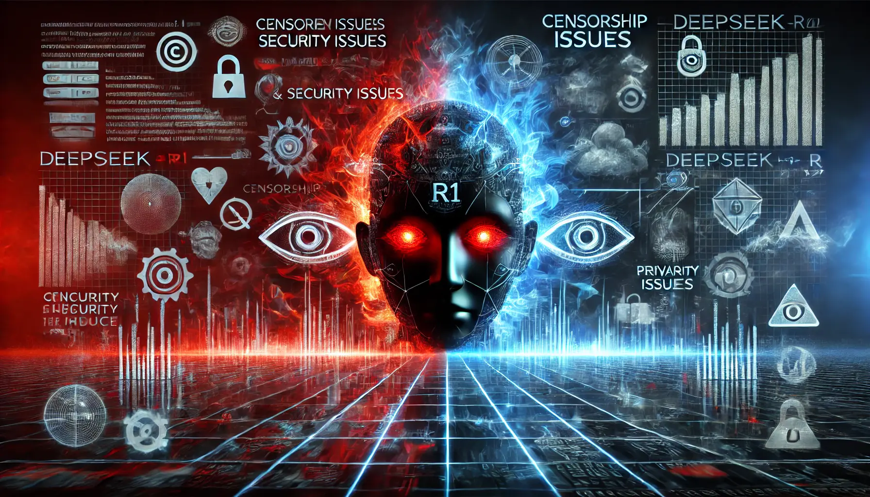 A dark and intense digital environment representing the challenges and controversies surrounding DeepSeek R1. The image features glowing AI models with ominous red and blue energy fields, symbolizing tension and conflict. The backdrop includes digital shadows and abstract representations of censorship, security issues, and privacy concerns, highlighting the controversies. Glowing data streams and encryption symbols emphasize the challenges of managing AI transparency and ethics.