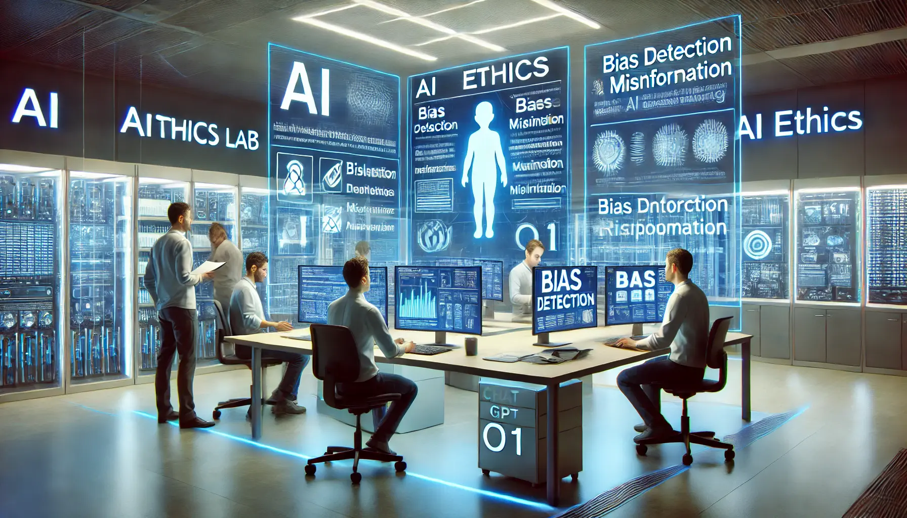 A high-tech AI ethics lab where scientists analyze challenges and ethical concerns surrounding AI systems like ChatGPT o1, with digital screens displaying bias detection and misinformation.