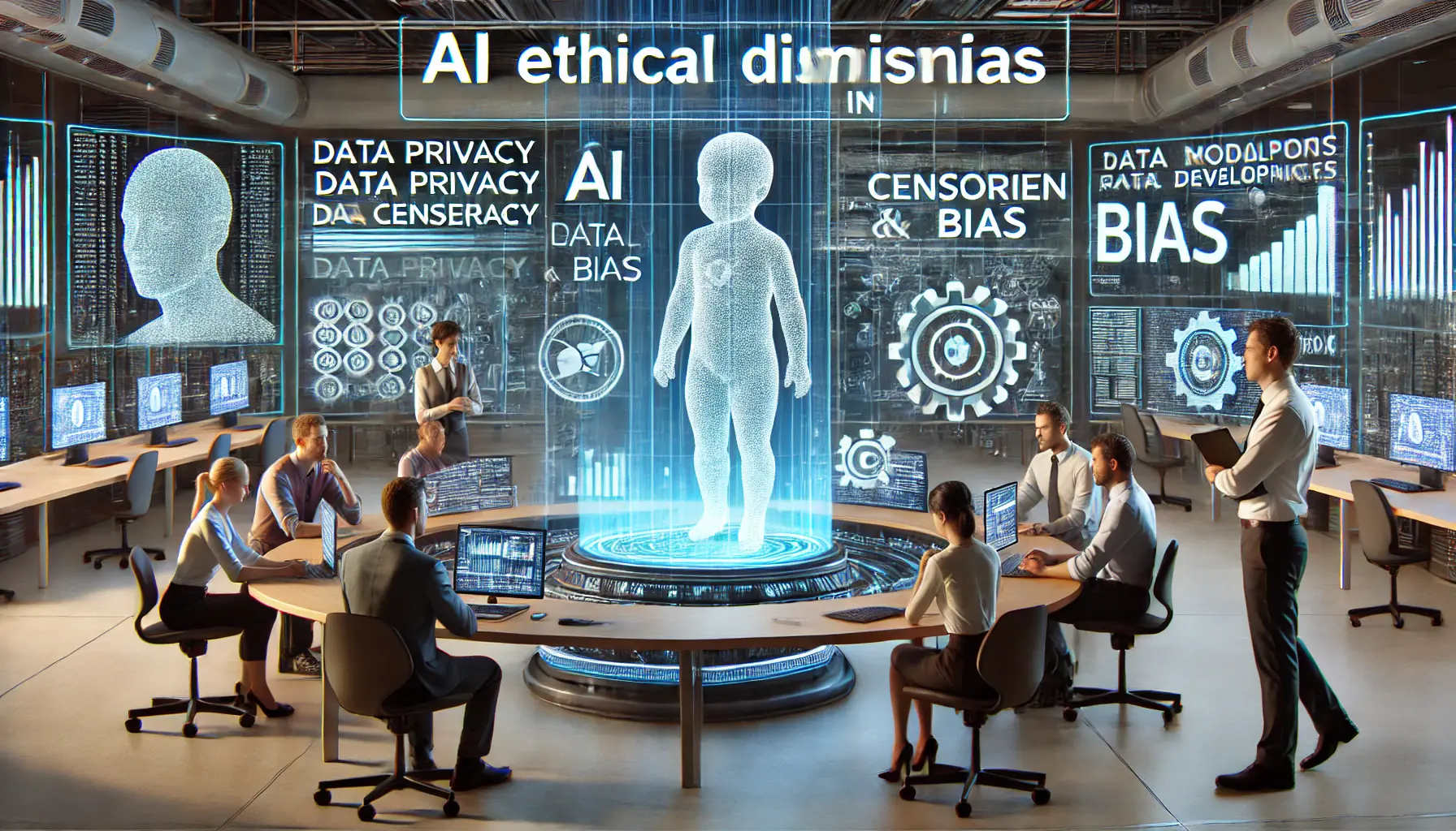 A futuristic AI laboratory with professionals analyzing ethical dilemmas such as data privacy, censorship, and bias in AI models.