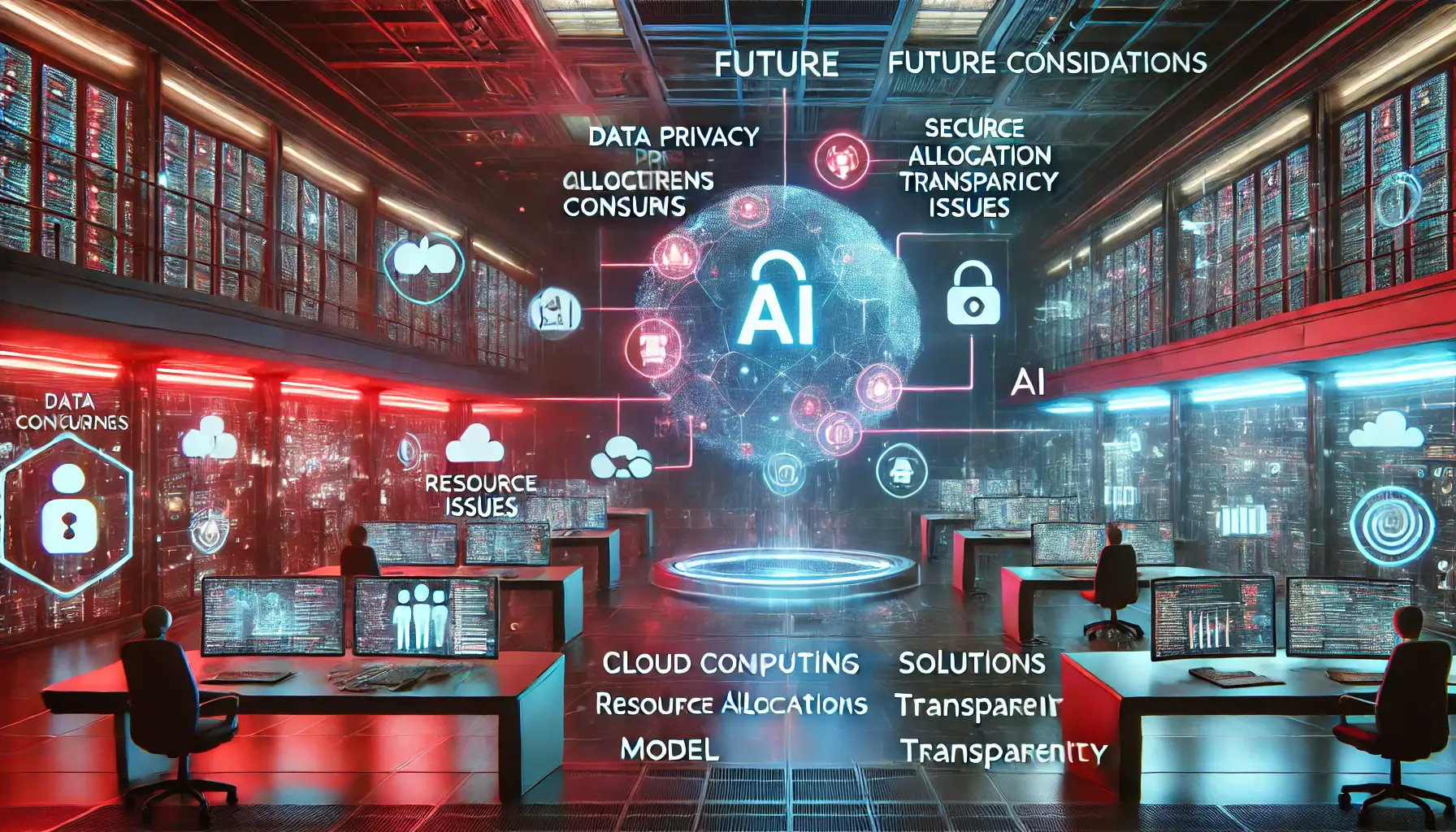 A futuristic AI system facing challenges such as data privacy, resource allocation, and model transparency, with solutions like cloud computing and transparent AI models overcoming these issues.