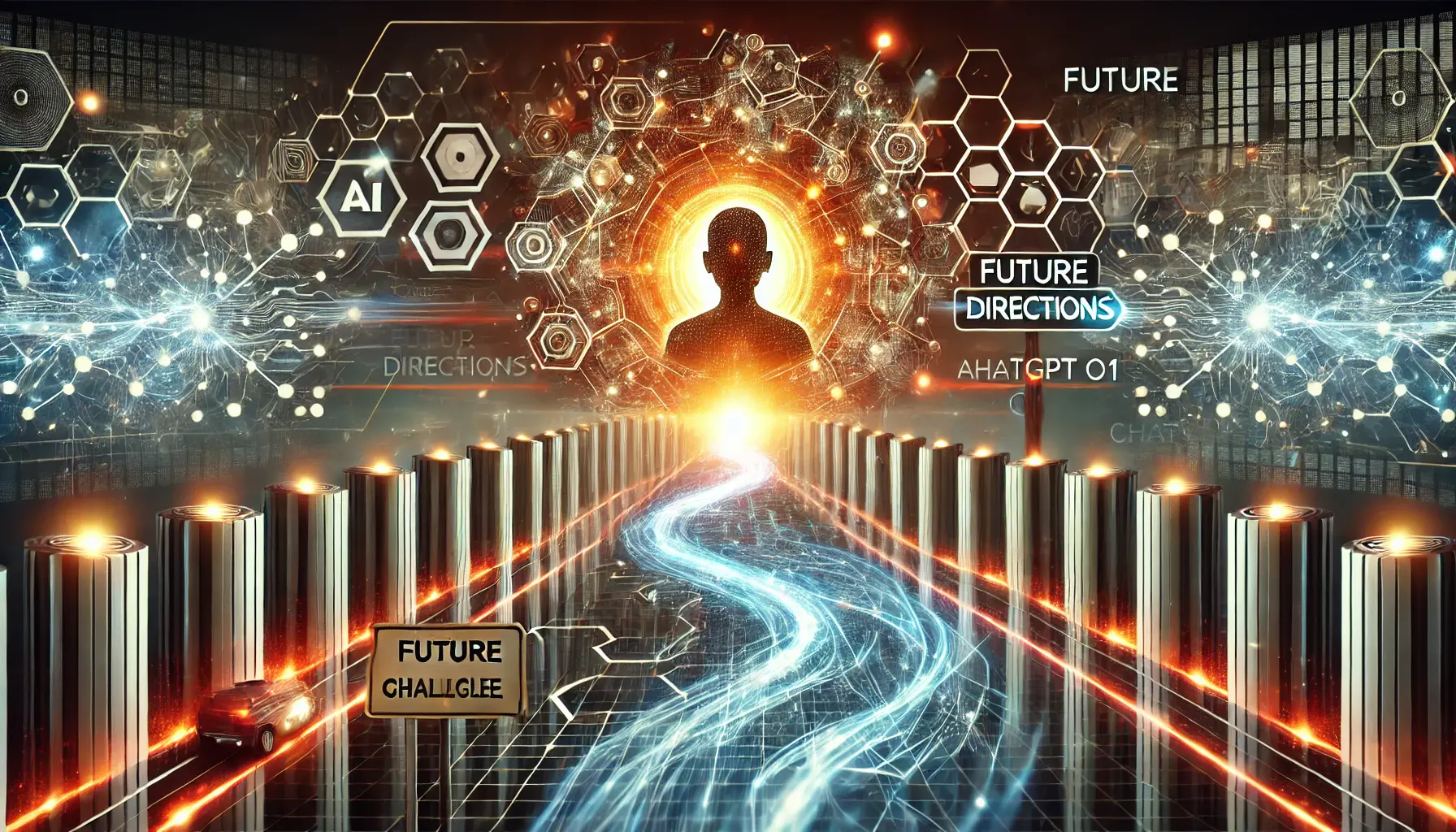 An AI core facing obstacles with glowing barriers, symbolizing challenges, and data streams representing future growth.