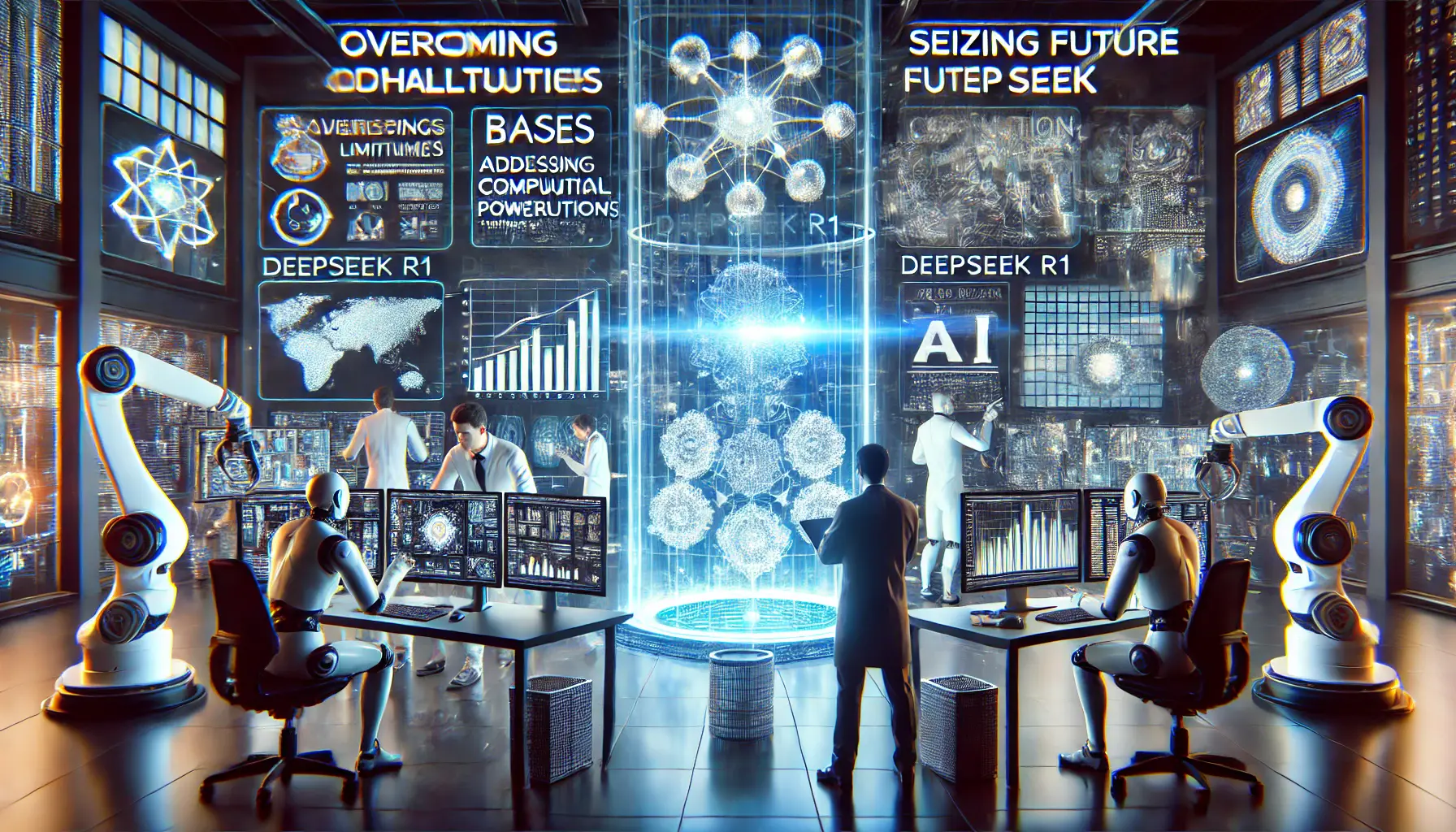 A high-tech AI development lab with researchers analyzing data, holographic displays showing limitations and opportunities, and robotic systems fine-tuning DeepSeek R1.