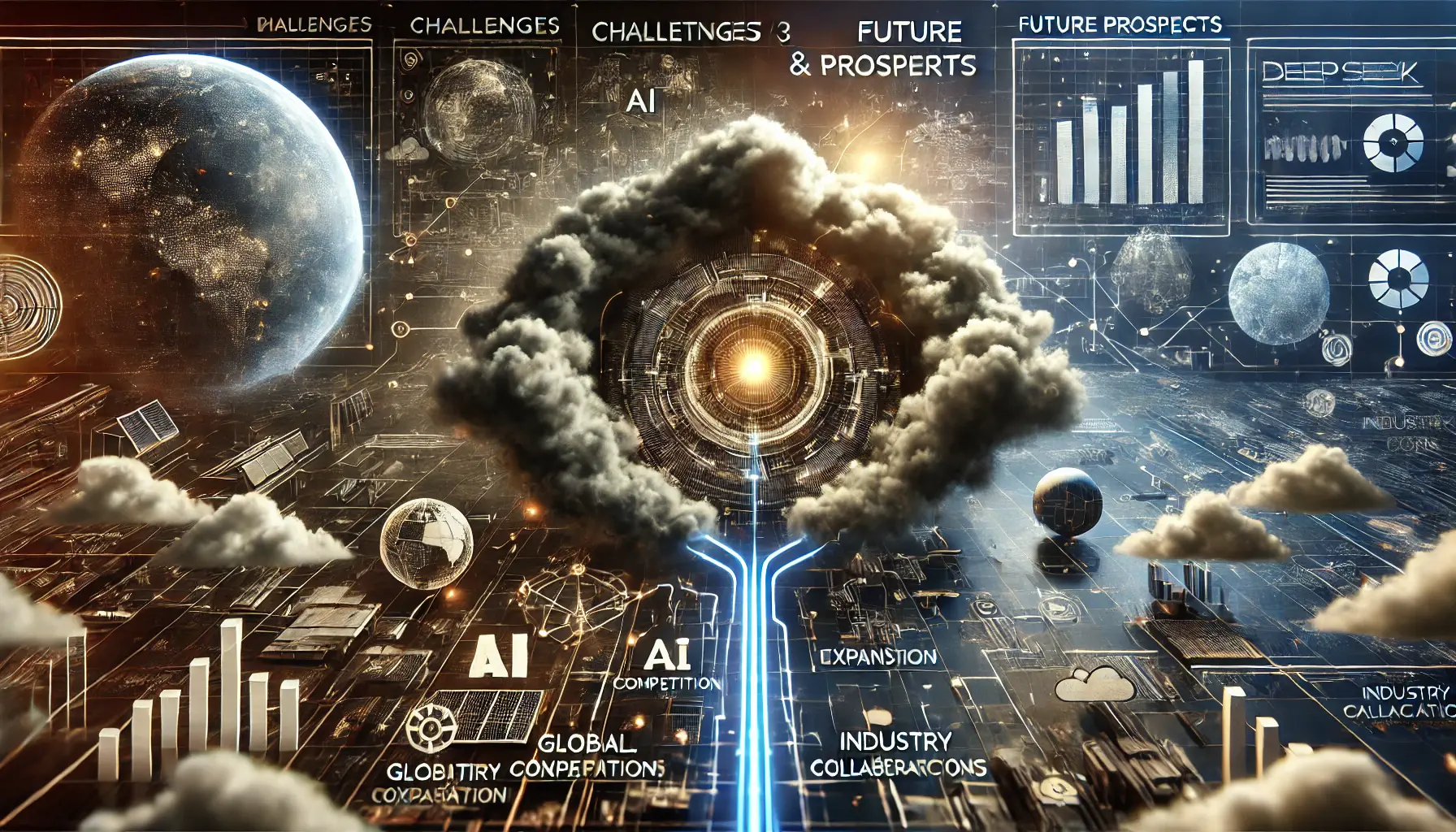 A conceptual visualization of DeepSeek v3’s challenges and future prospects, with a central AI core surrounded by dark clouds and light pathways extending into a bright future.