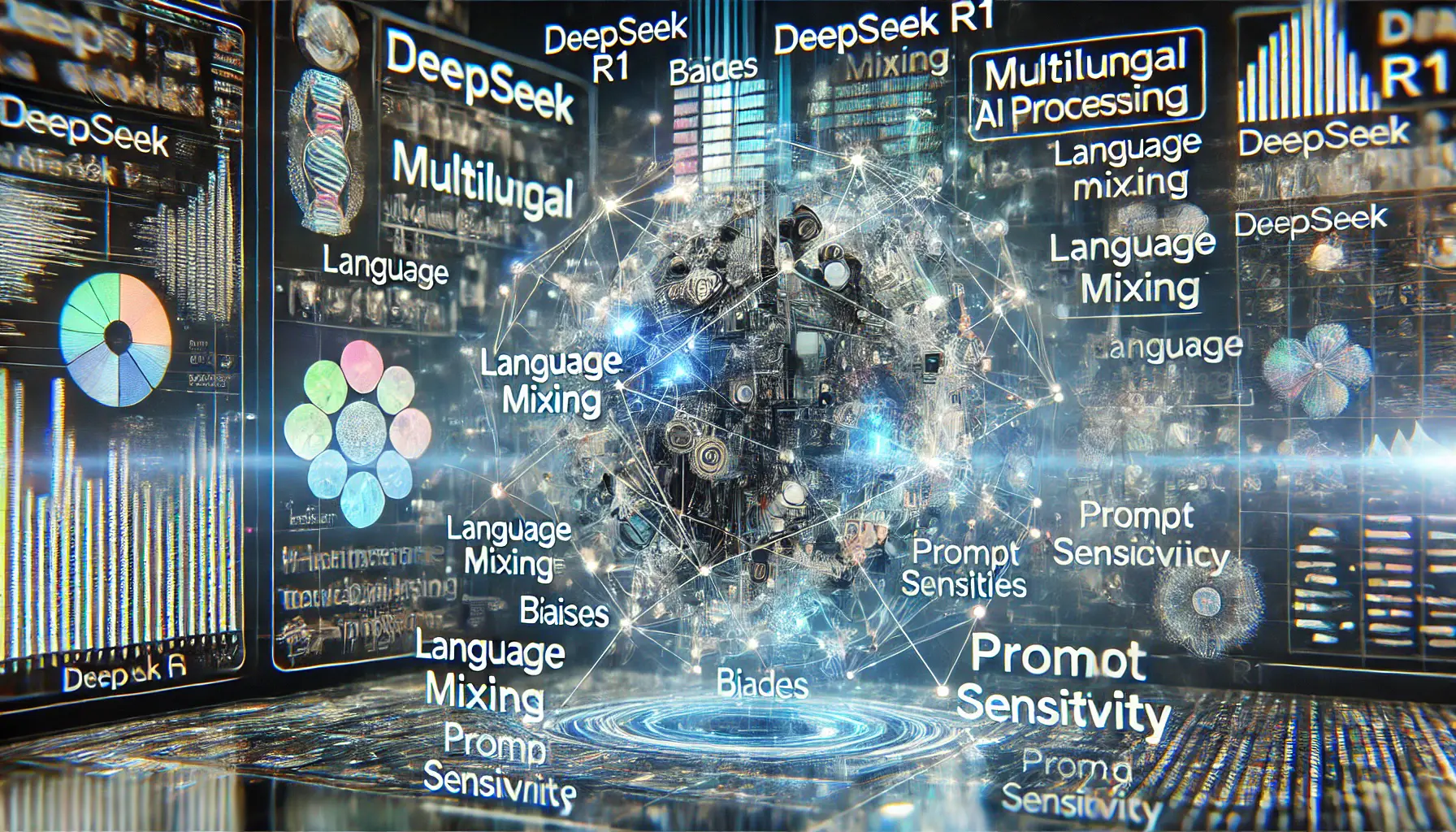 A futuristic AI interface showing challenges in multilingual processing, with malfunctioning nodes and fragmented data streams.