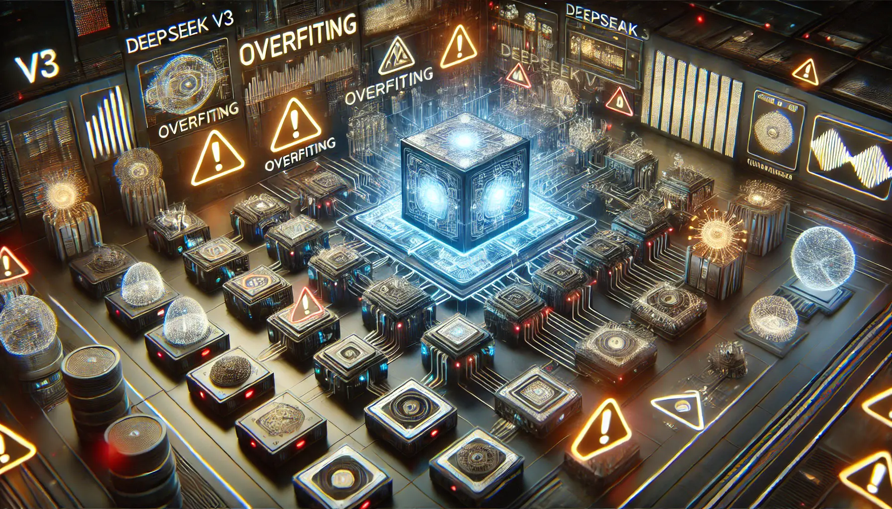 A futuristic visualization depicting the challenges and limitations of DeepSeek V3, with an AI unit surrounded by barriers, complex data streams, and warning symbols.